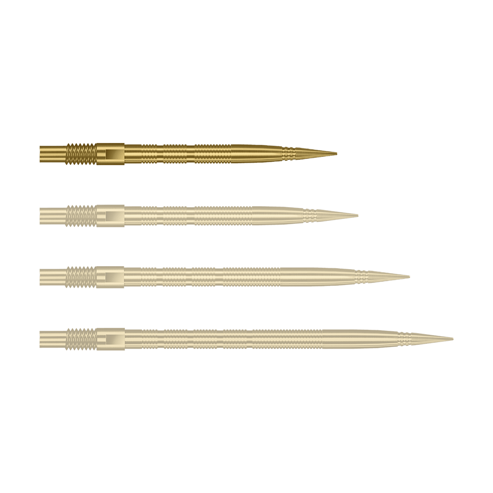 Harrows Quick Point Micro Ridge Dart Tips - Goud Abgebildet sind goldene MicroRidge Dartspitzen mit einer Länge von 26 mm. Das Produkt ist vermutlich von Harrows, Modell Quick Point.