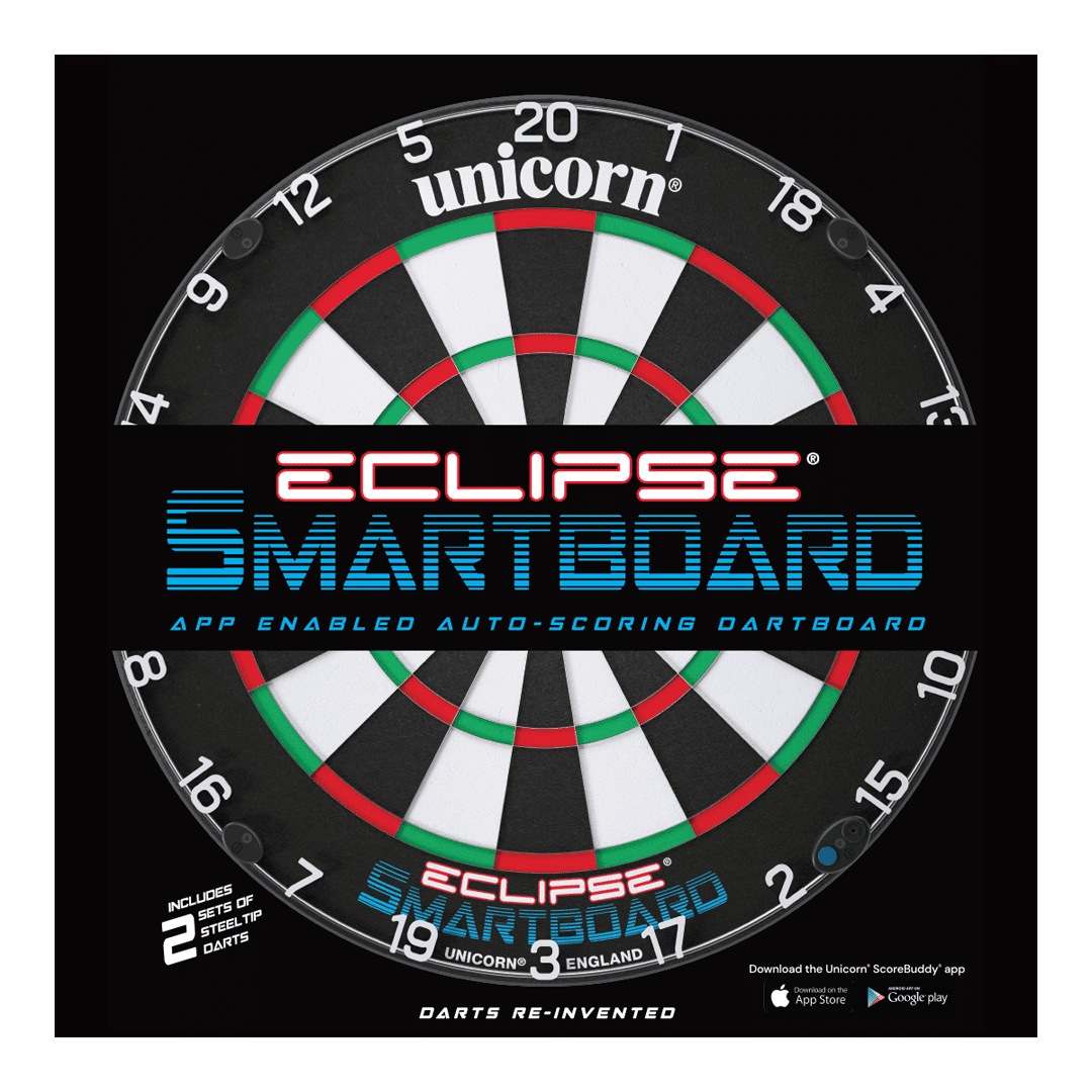 Unicorn Eclipse Smartboard stalen dartbord Das Bild zeigt das Produkt "Unicorn Eclipse Smartboard Steeldartboard". Es handelt sich um eine App-unterstützte Steeldart-Scheibe mit automatischer Punkteauswertung.