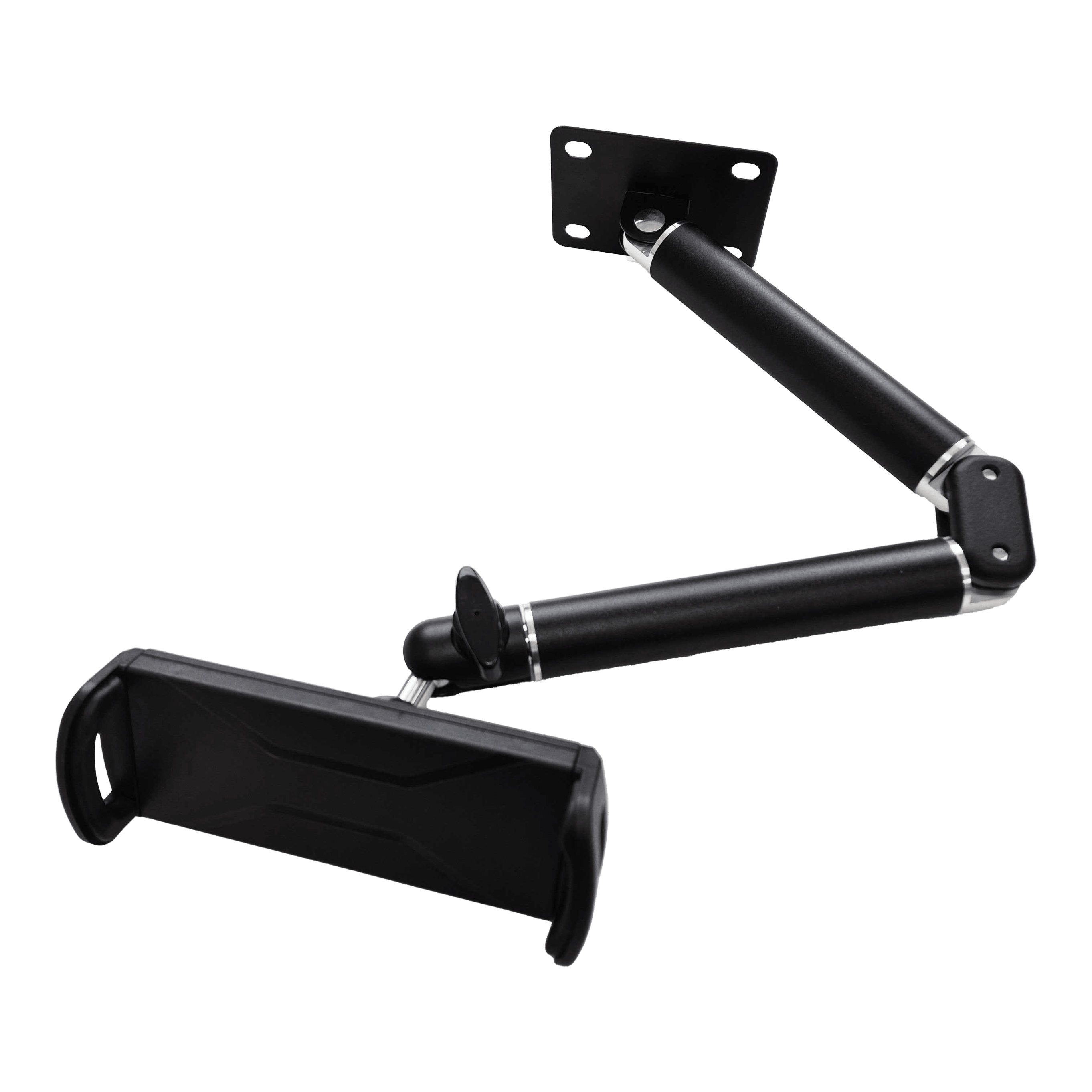 McDart TABFlex tablet muurbeugel met flexibele arm Die Abbildung zeigt die McDart TABFlex Tablet-Wandhalterung mit flexiblem Arm. Die Halterung ist schwarz und kann an der Wand befestigt werden, um ein Tablet flexibel auszurichten.