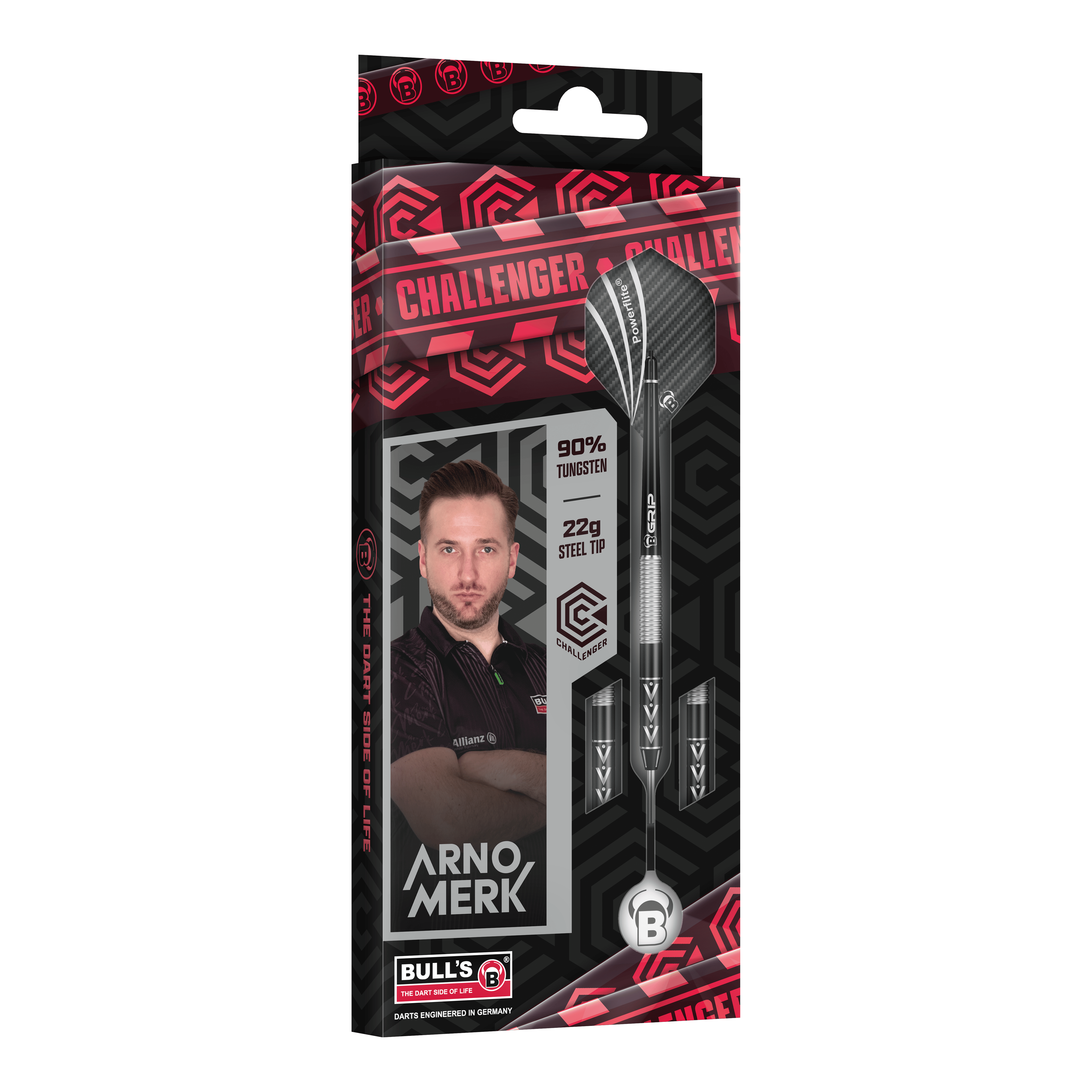 Bulls Challenger Arno Merk stalen dartpijlen - 22 g Die Abbildung zeigt die Verpackung der „Bulls Challenger Arno Merk Steeldarts - 22g“. Auf der Verpackung sind der Dartspieler Arno Merk, die Darts sowie die Angaben „90% Tungsten“ und „22g Steel Tip“ zu sehen.