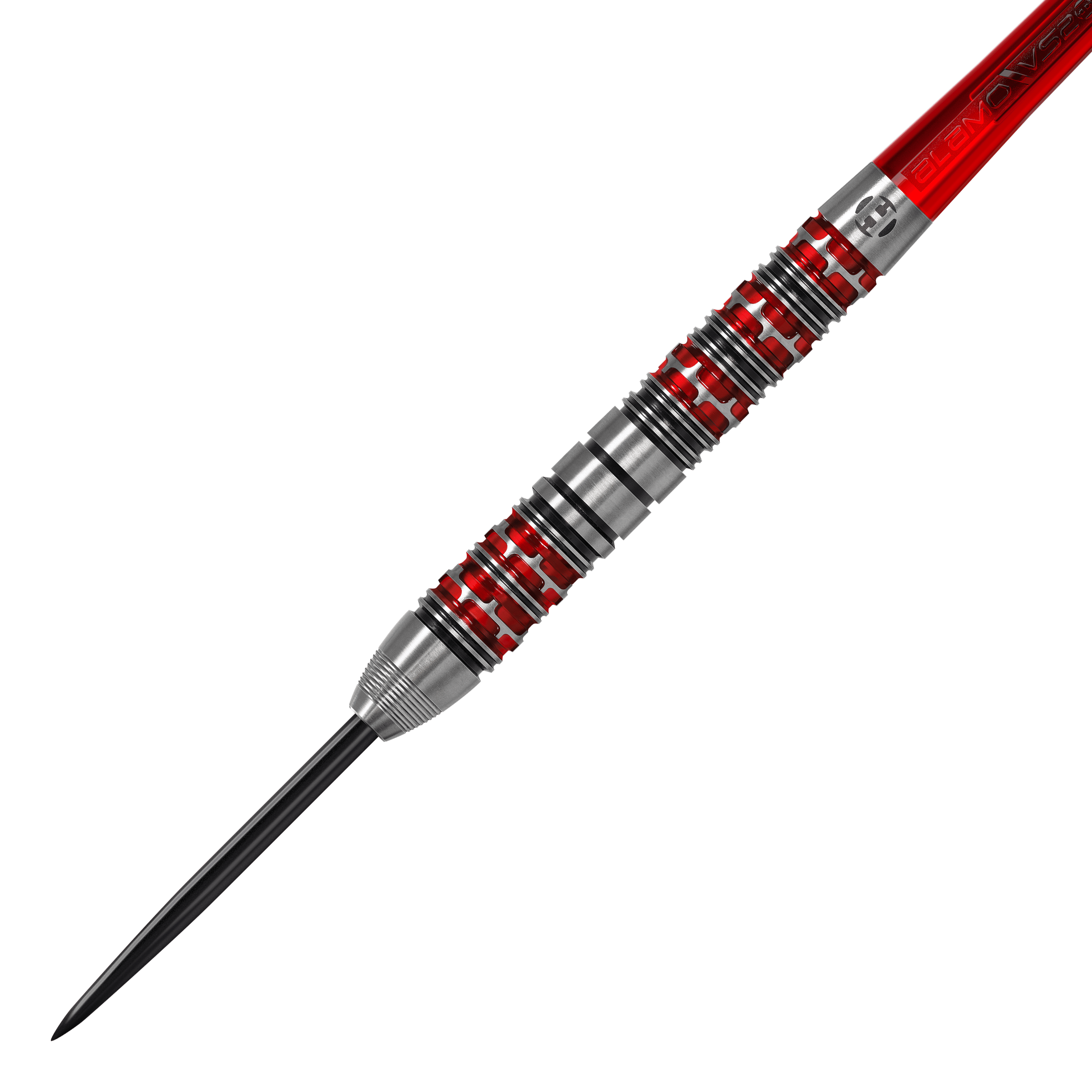 Harrows Damon Heta Series 3 Steeldarts Das Bild zeigt einen Harrows Damon Heta Series 3 Steeldart. Der Dartpfeil hat ein silbernes Barrel mit roten und schwarzen Akzenten.