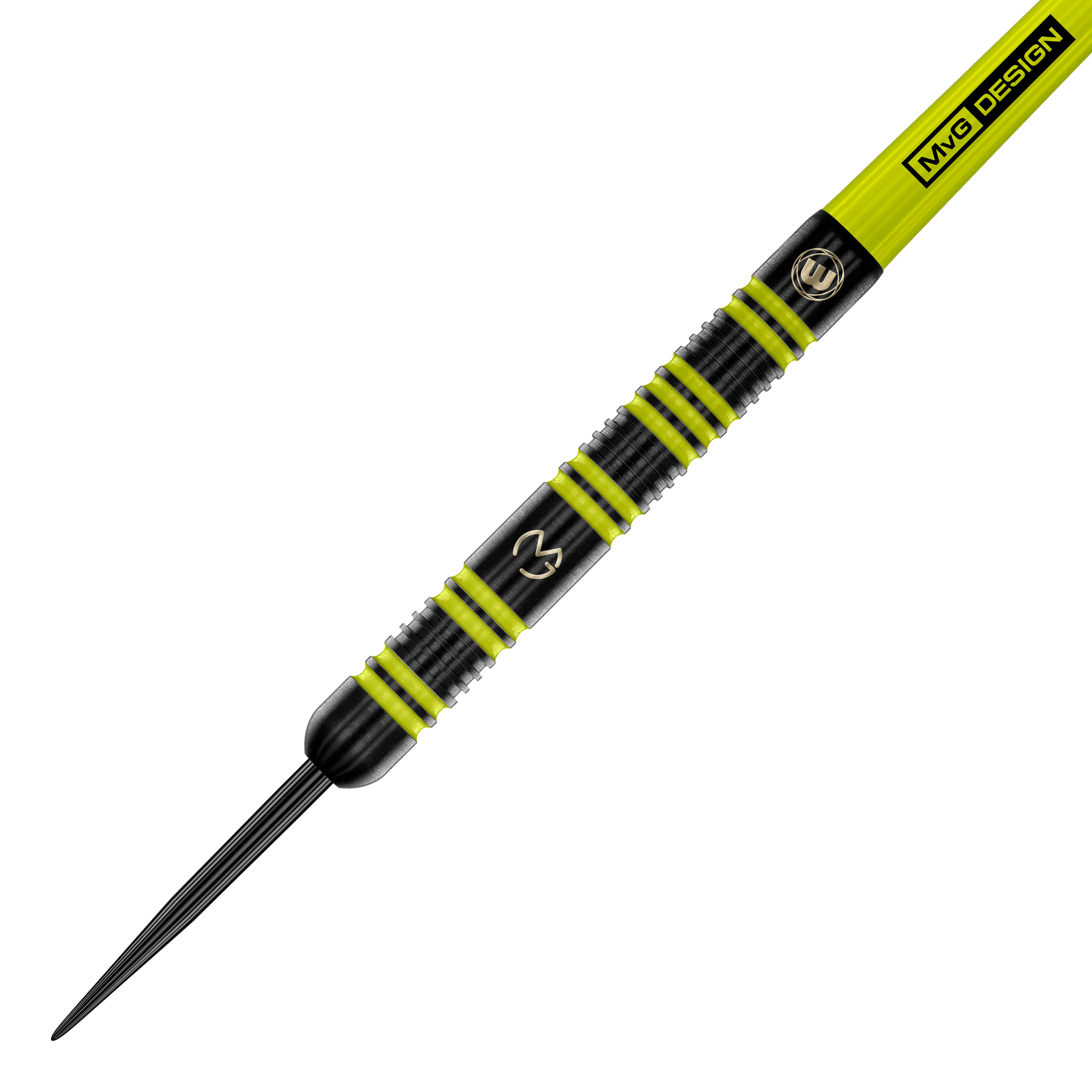 Winmau Michael Van Gerwen 85 Pro-Series stalen dartpijlen Das Bild zeigt einen Winmau Michael Van Gerwen 85 Pro-Series Steeldart. Der Dart ist schwarz mit auffälligen gelb-grünen Ringen und hat das MVG-Logo eingraviert.