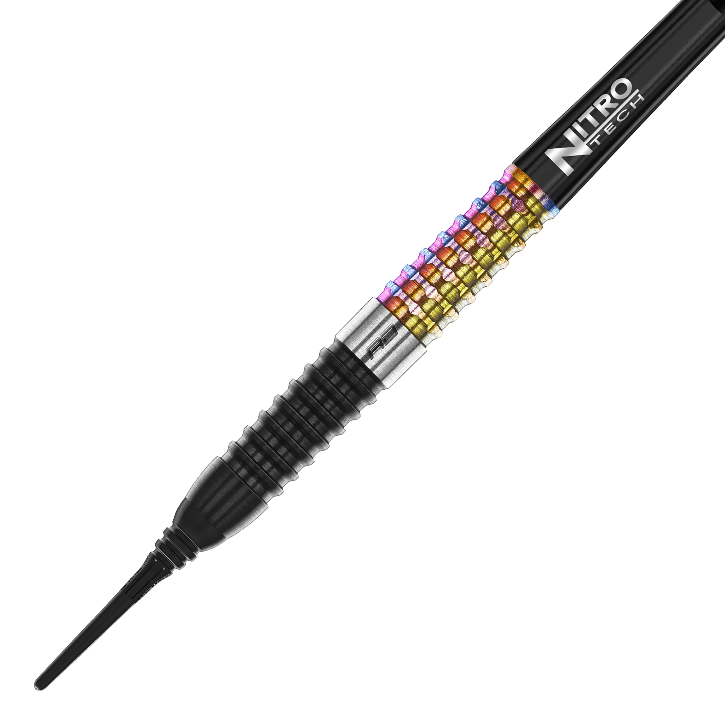 Red Dragon Peter Wright Corra Softdarts - 18g Das Bild zeigt einen Red Dragon Peter Wright Corra Softdart mit 18g Gewicht. Der Dart hat ein farbiges, geriffeltes Griffstück und eine schwarze Spitze.