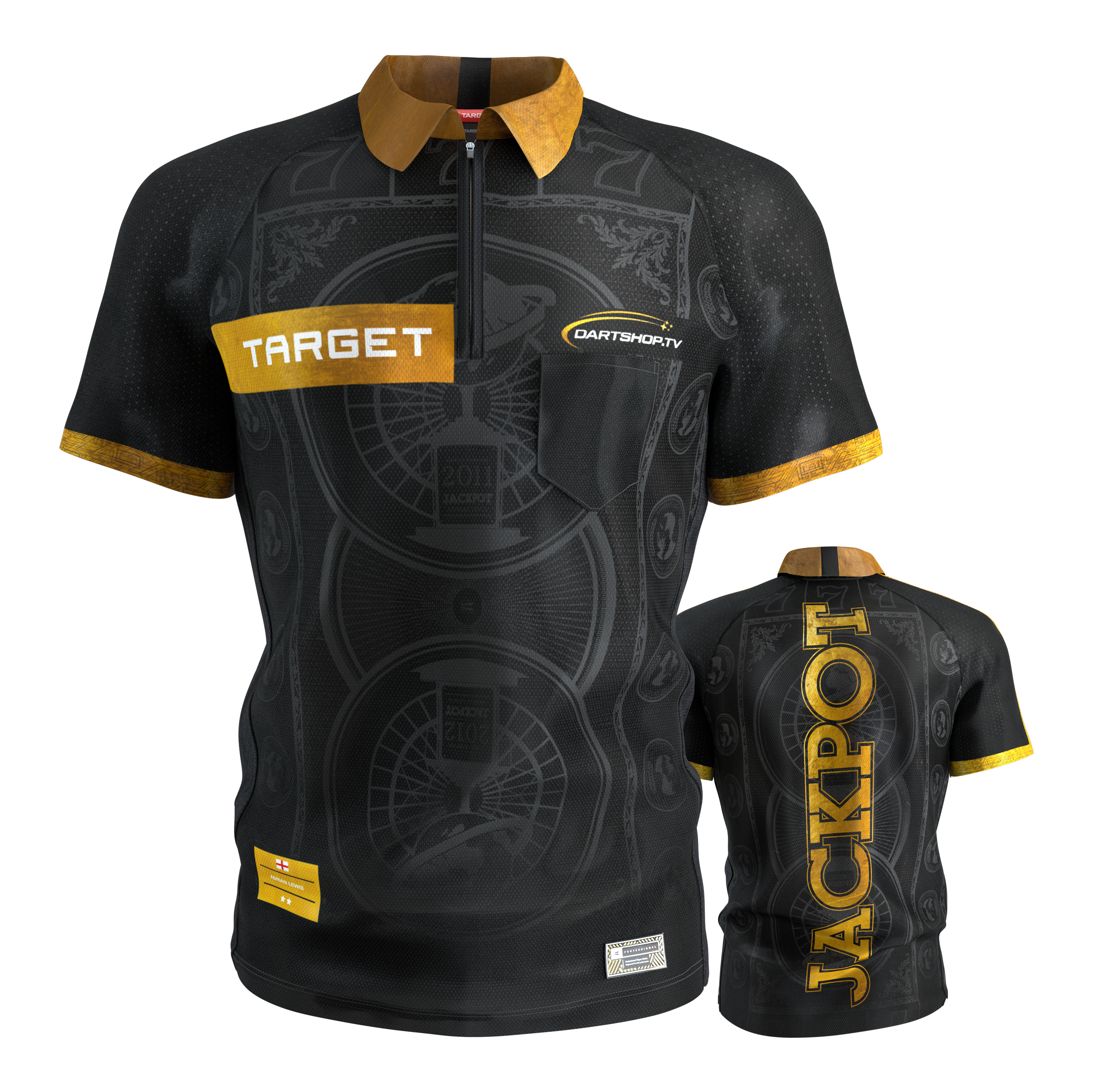 Target Adrian Lewis dartshirt 2026 Das Target Adrian Lewis Dartshirt 2026 ist auf diesem Bild sichtbar. Es ist ideal für Darts-Fans und Spieler geeignet.