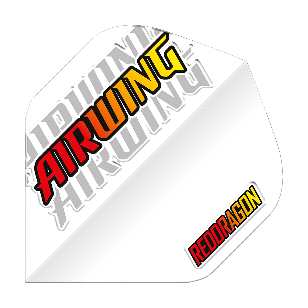Red Dragon Airwing Red Logo Standaardvluchten Dieses Bild zeigt ein weißes Dartflügel-Produkt mit der Aufschrift „AIRWING“ in Rot, Orange und Gelb. In der unteren rechten Ecke steht das Logo „REDDRAGON“ ebenfalls in Rot und Gelb.