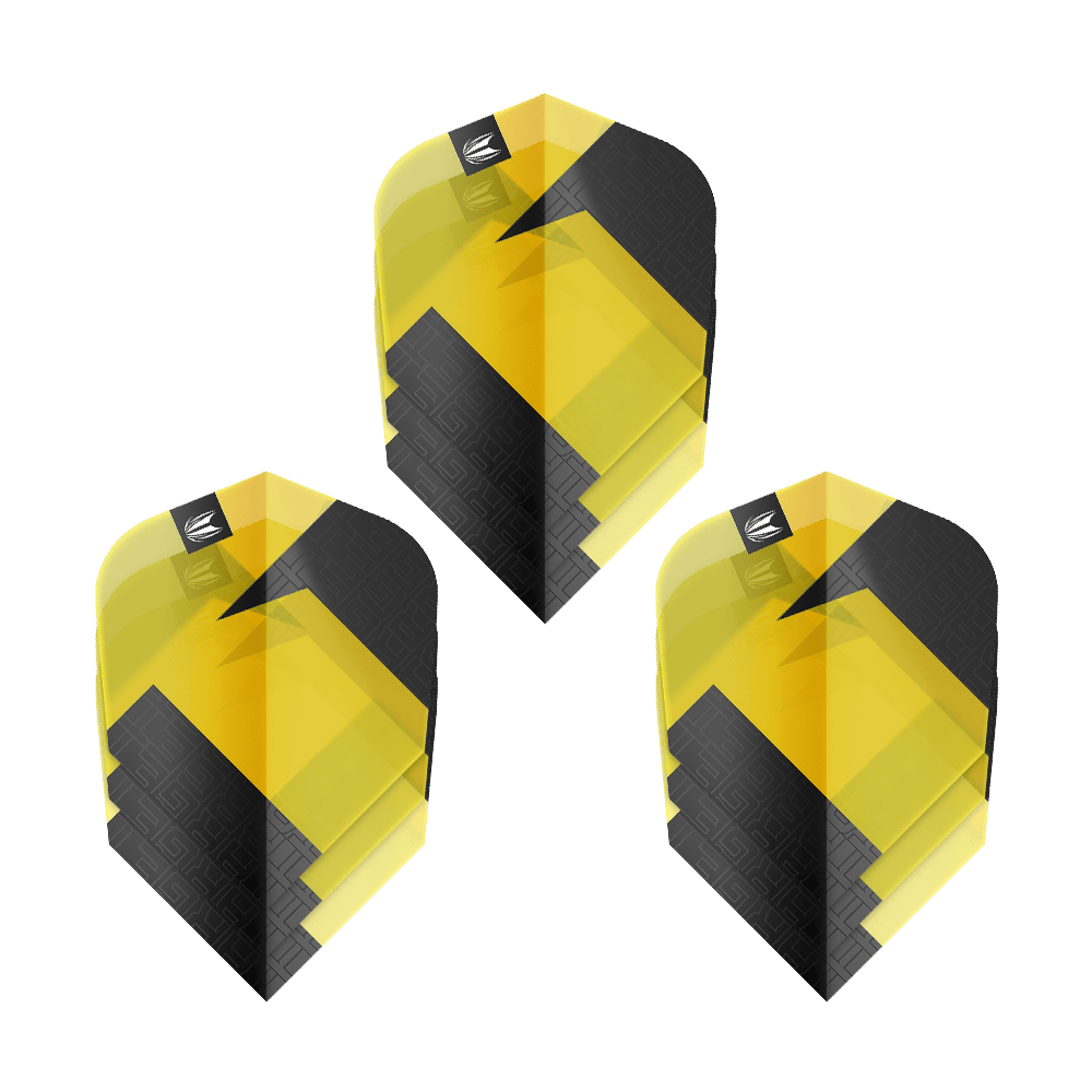 Target Pro Ultra TAG Geel Ten-X Standaardvluchten - 3 sets Das Bild zeigt drei gelb-schwarze Dart-Flights des Produkts "Target Pro Ultra TAG Gelb Ten-X Standard Flights". Die Flights haben ein modernes, geometrisches Design und werden als 3er-Set angeboten.