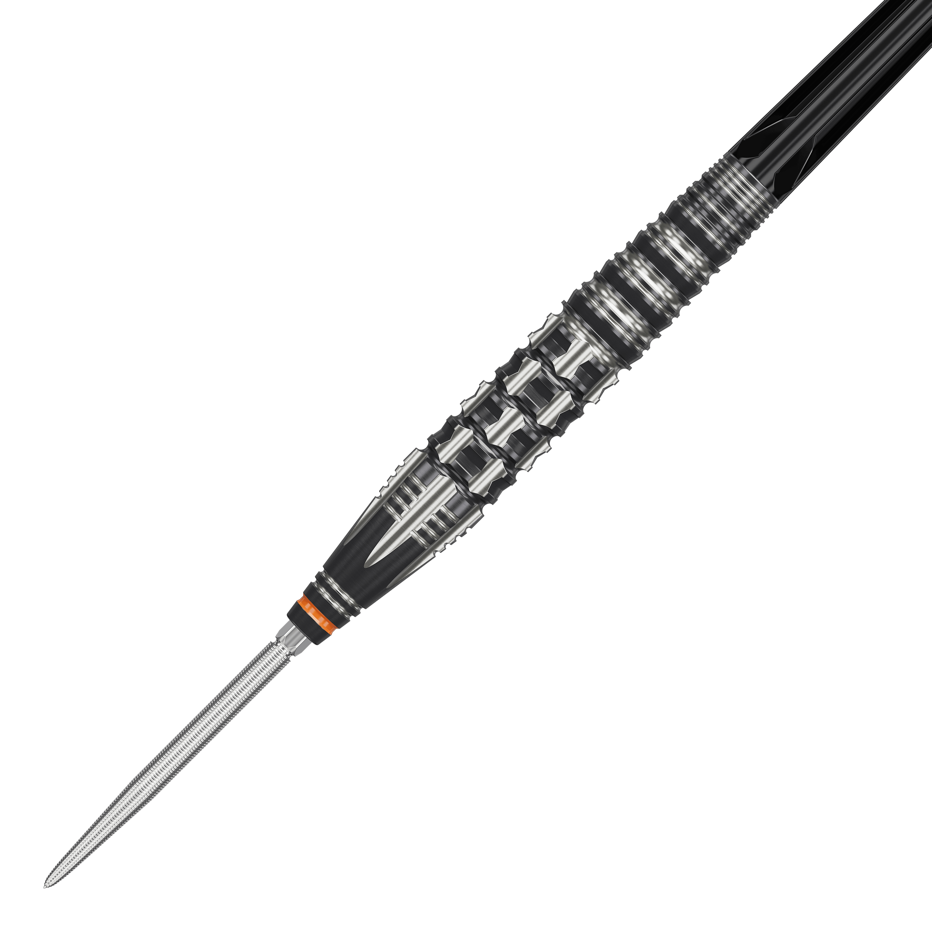 Target Japan Black Marque Dancing Duck GEN 4 stalen darts Das Bild zeigt einen Target Japan Black Marque Dancing Duck GEN 4 Steeldart. Der Dart hat ein auffälliges, schwarz-silbernes Design mit markanten Rillen für besseren Halt.