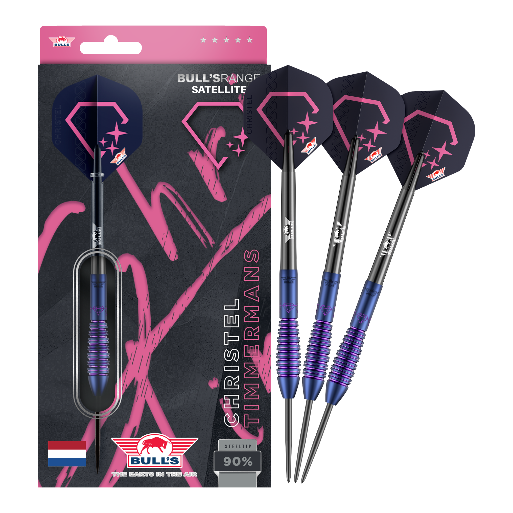 Bulls NL Christel Timmermans Satellite 90 stalen darts 25g Dieses Bild zeigt die Bulls NL Christel Timmermans Satellite 90 Steeldarts 25g in voller Ansicht. Sie sind ideal für das professionelle Dartspiel geeignet.