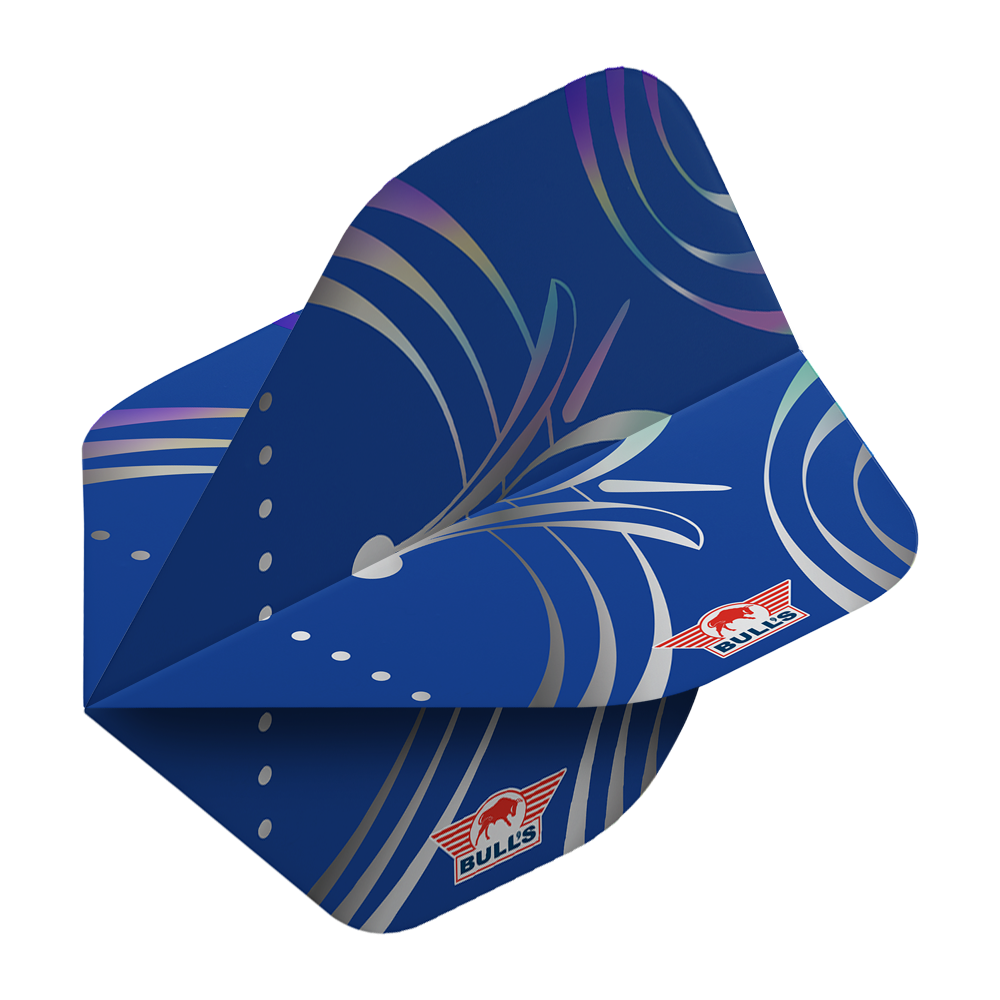 Bulls NL Series 100 Silvian No2 Standaardvluchten Das Bild zeigt einen blauen Dartflug mit silbernen Linien und Mustern. In der Ecke ist das rote Bulls NL-Logo zu sehen.