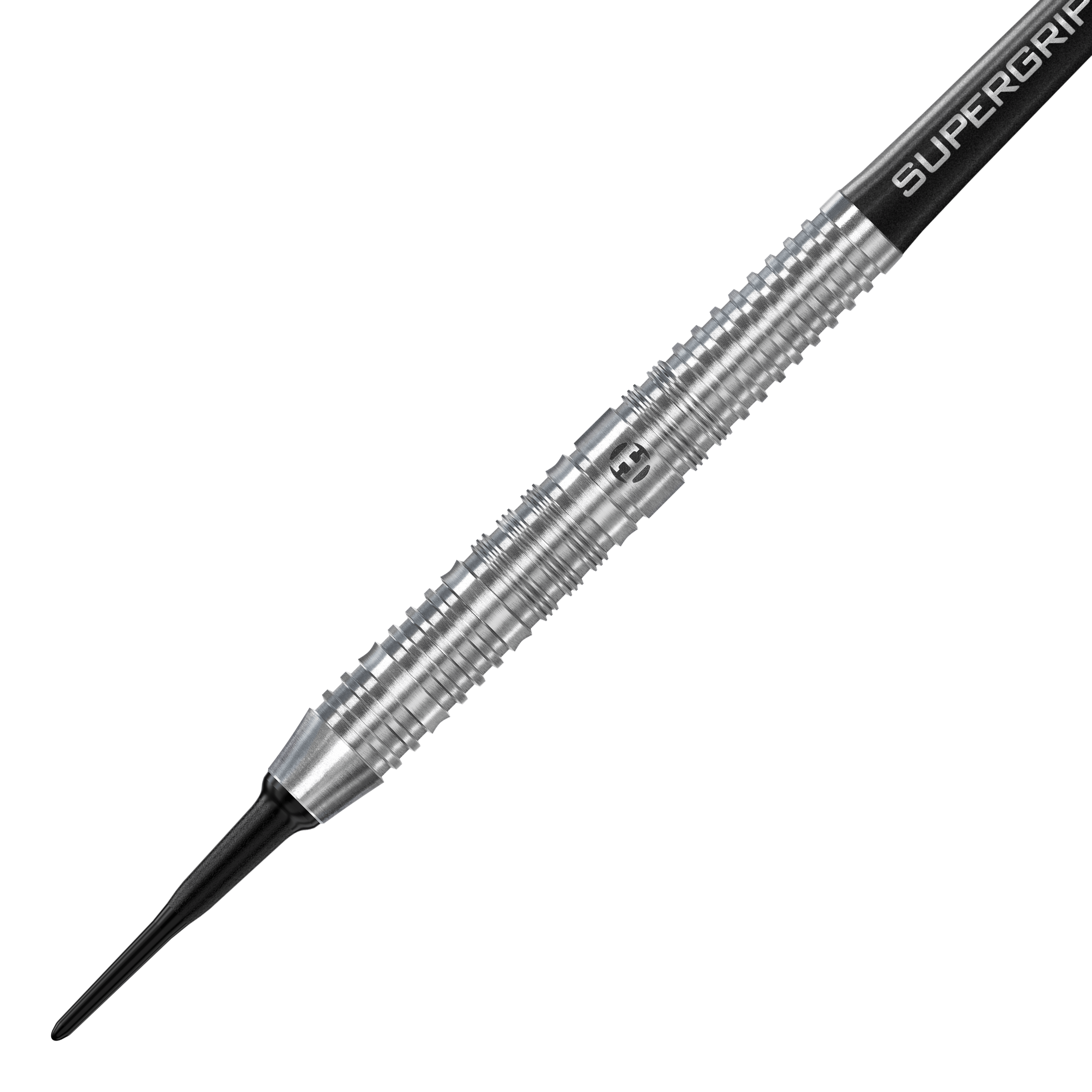 Harrows NX90 parallelle softdarts Das Bild zeigt einen Harrows NX90 Parallel Softdart mit silbernem, geriffelten Barrel. Die Spitze ist schwarz und der Schaft trägt die Aufschrift "SUPERGRIP".