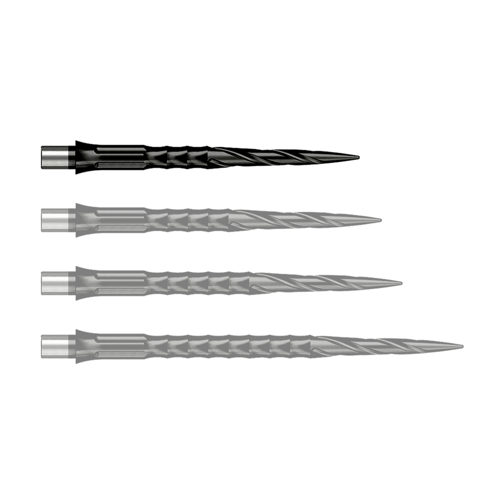Caliburn System stalen dartpunten - Spiro - Geen lip - Zwart Das Foto zeigt Caliburn Evo System Steeldartspitzen Spiro NoLip Black in 28 mm Länge. Diese Dartspitzen sind in Schwarz gehalten und besonders langlebig.