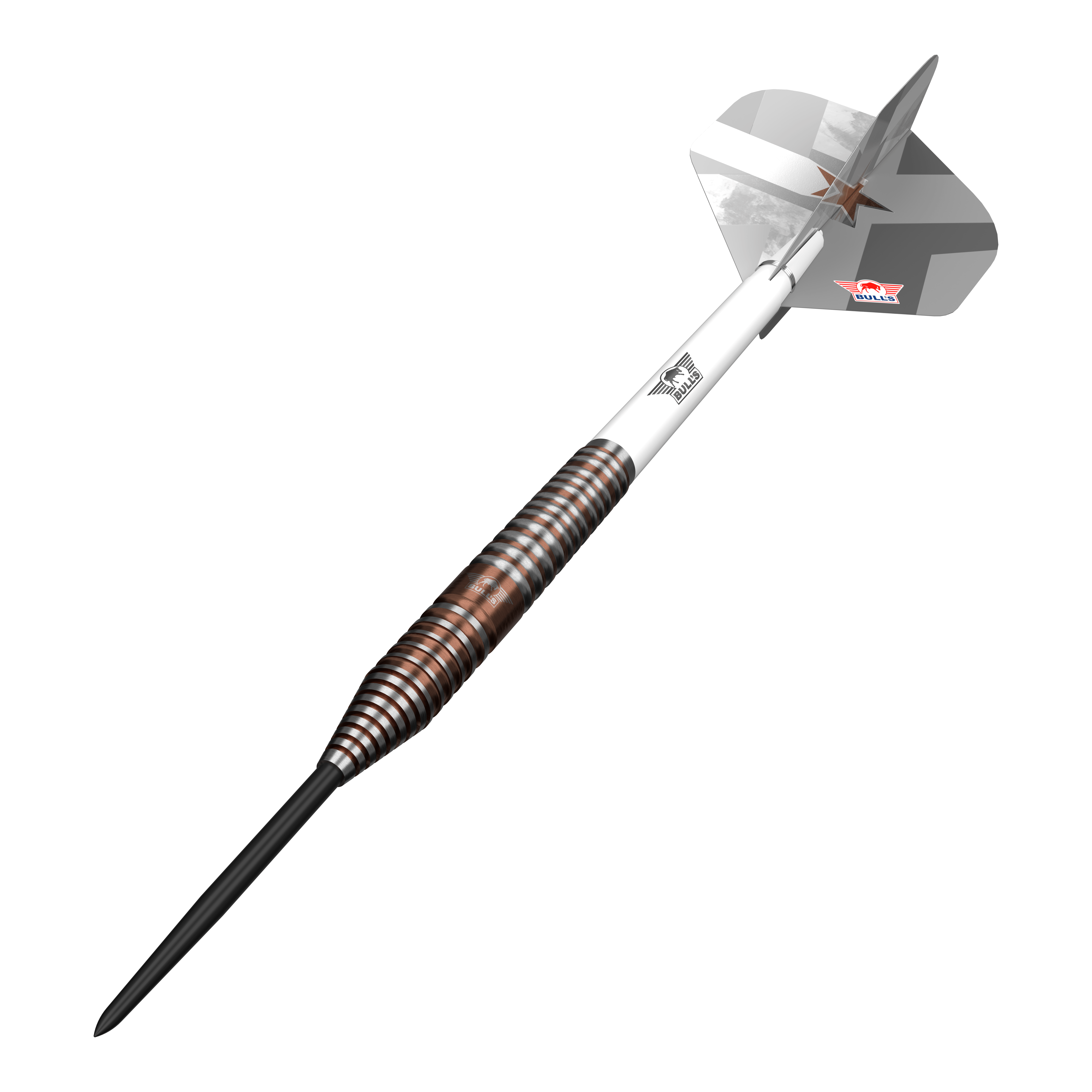 Abgebildet sind Bulls NL Max Hopp E5 Steeldarts. Sie bieten einen guten Griff und eine ausgewogene Gewichtsverteilung.