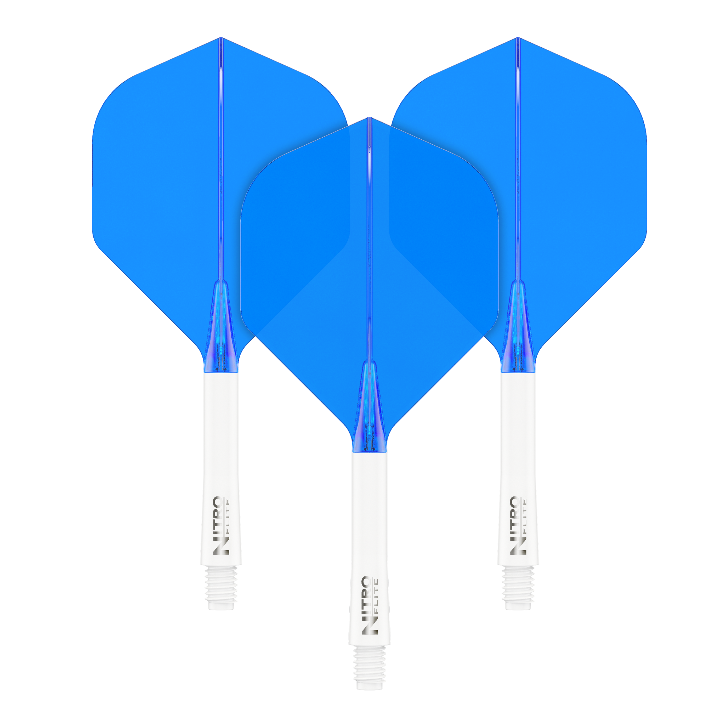 Red Dragon Nitroflite - Witte Schacht Blauwe No2 Vluchten Das Bild zeigt drei blaue Dartflights mit weißen Schäften. Sie sind ordentlich nebeneinander angeordnet und heben sich deutlich vom schwarzen Hintergrund ab.
