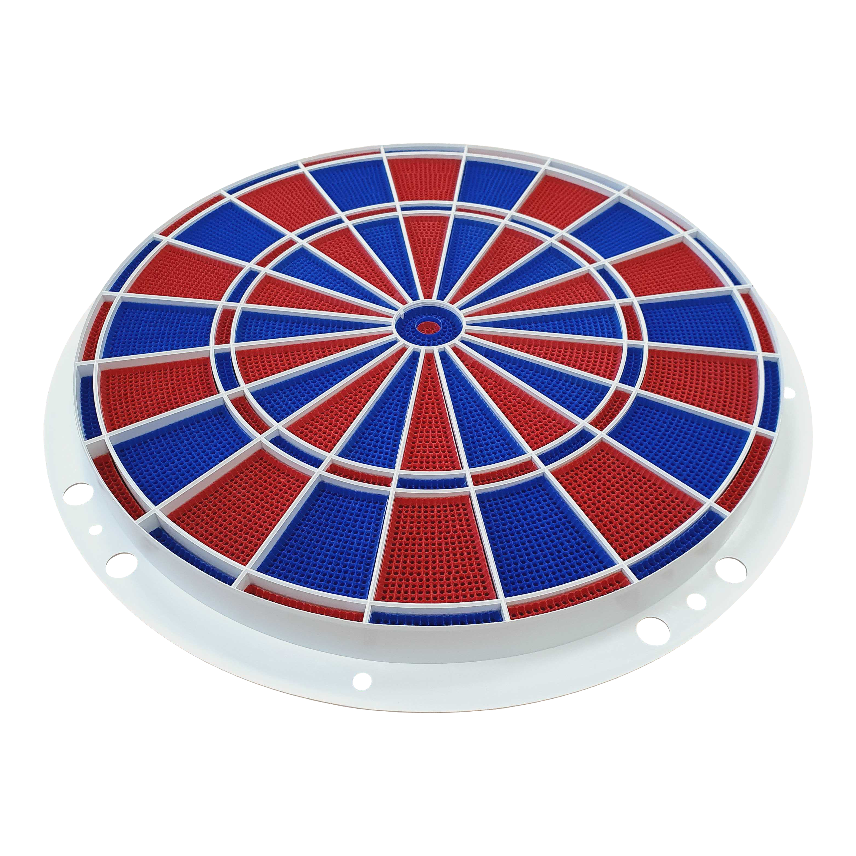 Löwen Dart reserveonderdelen 82 segment en spiderset Das Bild zeigt ein rundes Dart-Segment- und Spider-Set in den Farben Blau und Rot. Es handelt sich um ein Ersatzteil für elektronische Dartscheiben, Modell Löwen Dart 82er.