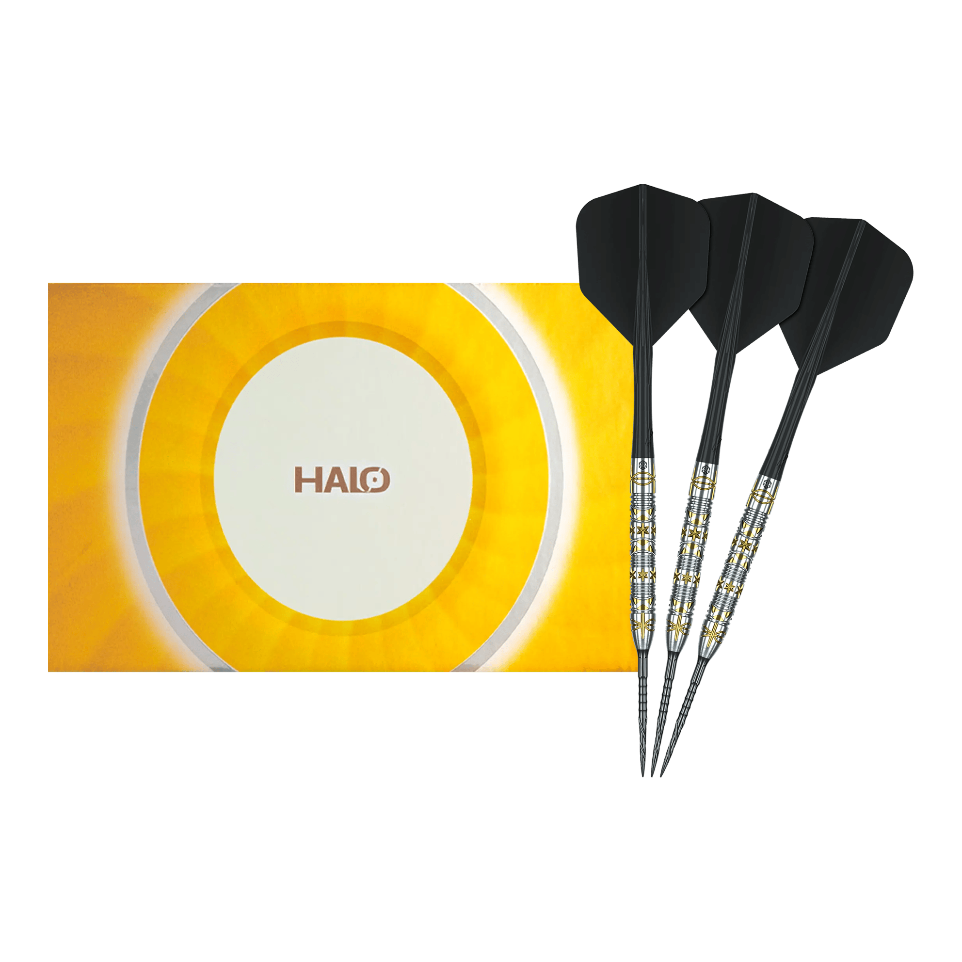 Caliburn Halo H1 stalen dartpijlen - 22,5 g Gezeigt wird ein vollständiges Set der Caliburn Halo H1 Steeldarts - 22,5 g. Die hochwertigen Pfeile sind ideal für den Dartsport.