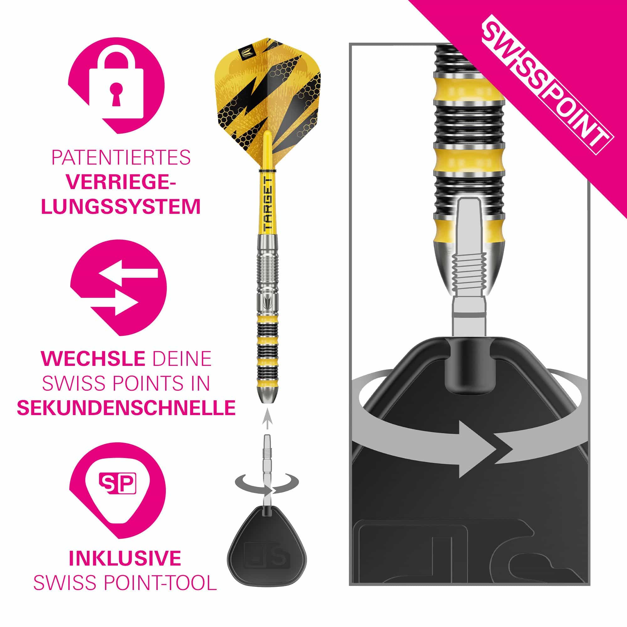 Target Buzz 01 Swiss Points stalen dartpijlen Zu sehen sind Target Buzz 01 Swiss Points Steeldarts. Diese Steeldarts sind ideal für den Dartsport geeignet.