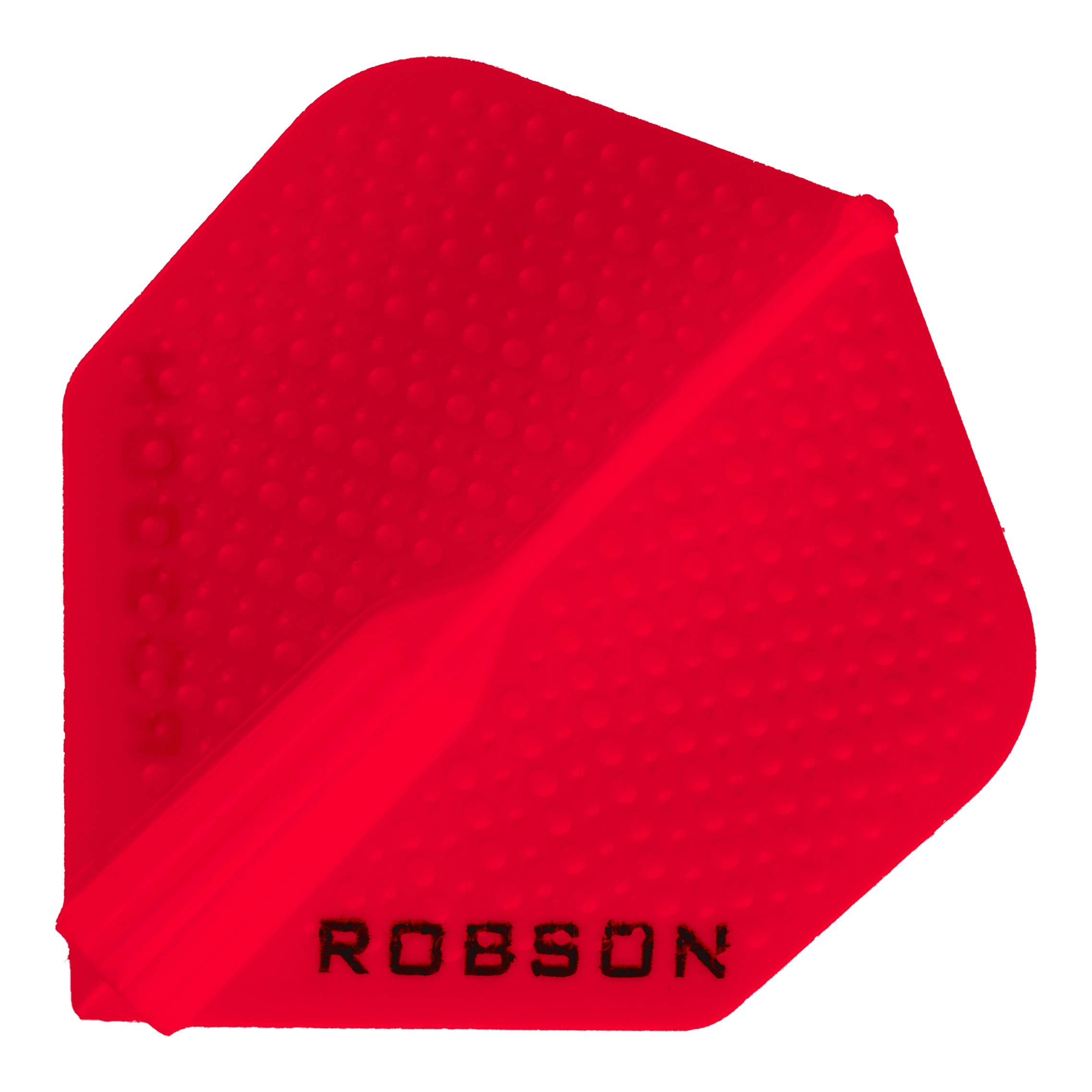 Robson Plus Dimple Flights - Rot Das Bild zeigt einen roten Dartflight mit einer genoppten Oberfläche. Am unteren Rand steht das Wort "ROBSON" in schwarzer Schrift.