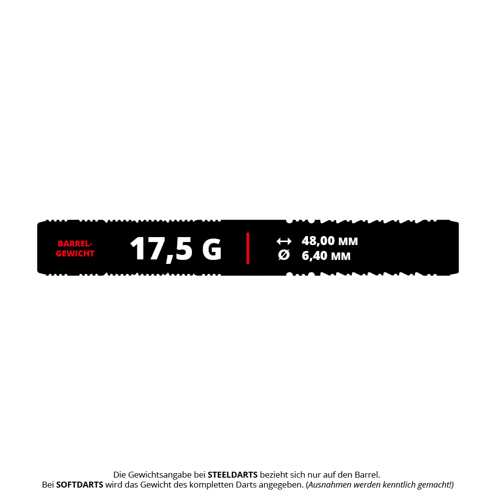 Target Japan Black Marque Reyn GEN2 Soft Darts - 17,5 g Das Bild zeigt die Produktspezifikationen der Target Japan Black Marque Reyn GEN2 Softdarts mit einem Gewicht von 17,5 Gramm. Die Barrel-Länge beträgt 48,00 mm und der Durchmesser 6,40 mm.