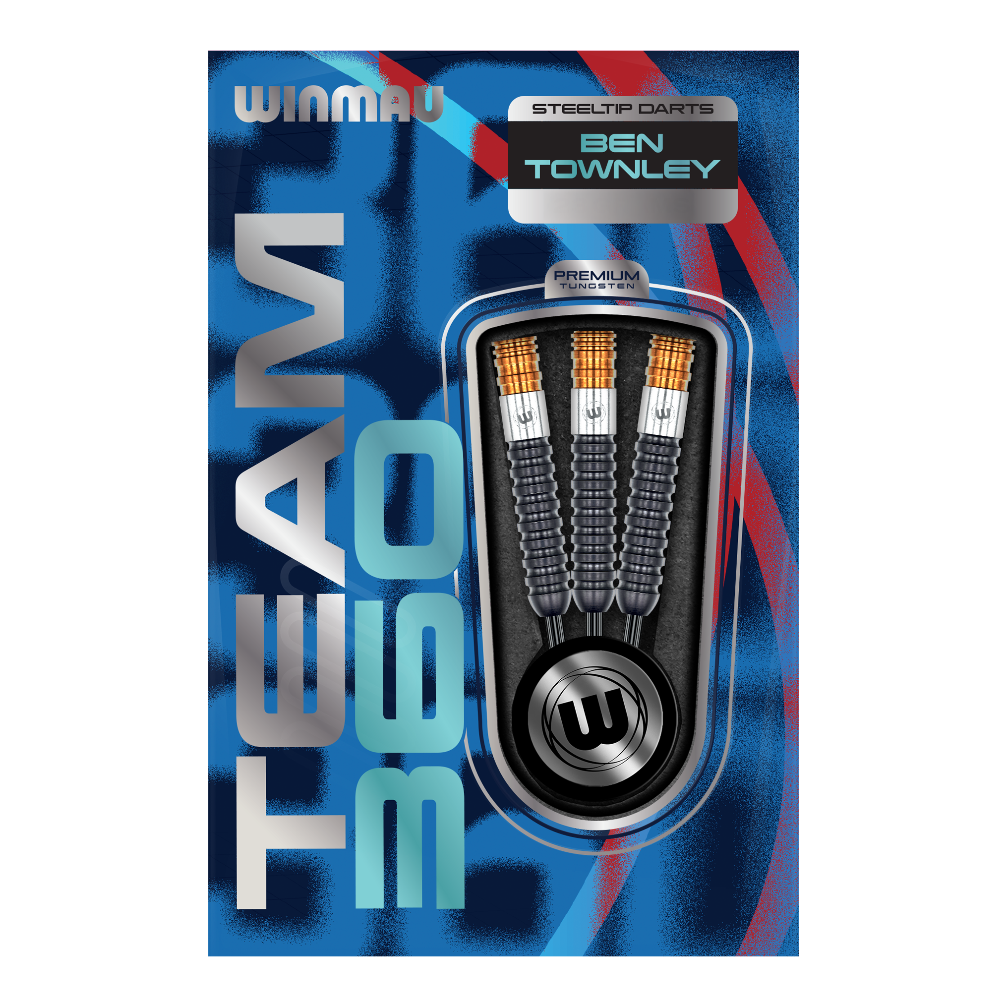 Das Bild zeigt die Winmau Team 360 Ben Townley Steeldarts - 23g Darts. Diese Darts sind speziell für professionelle Spieler entworfen.