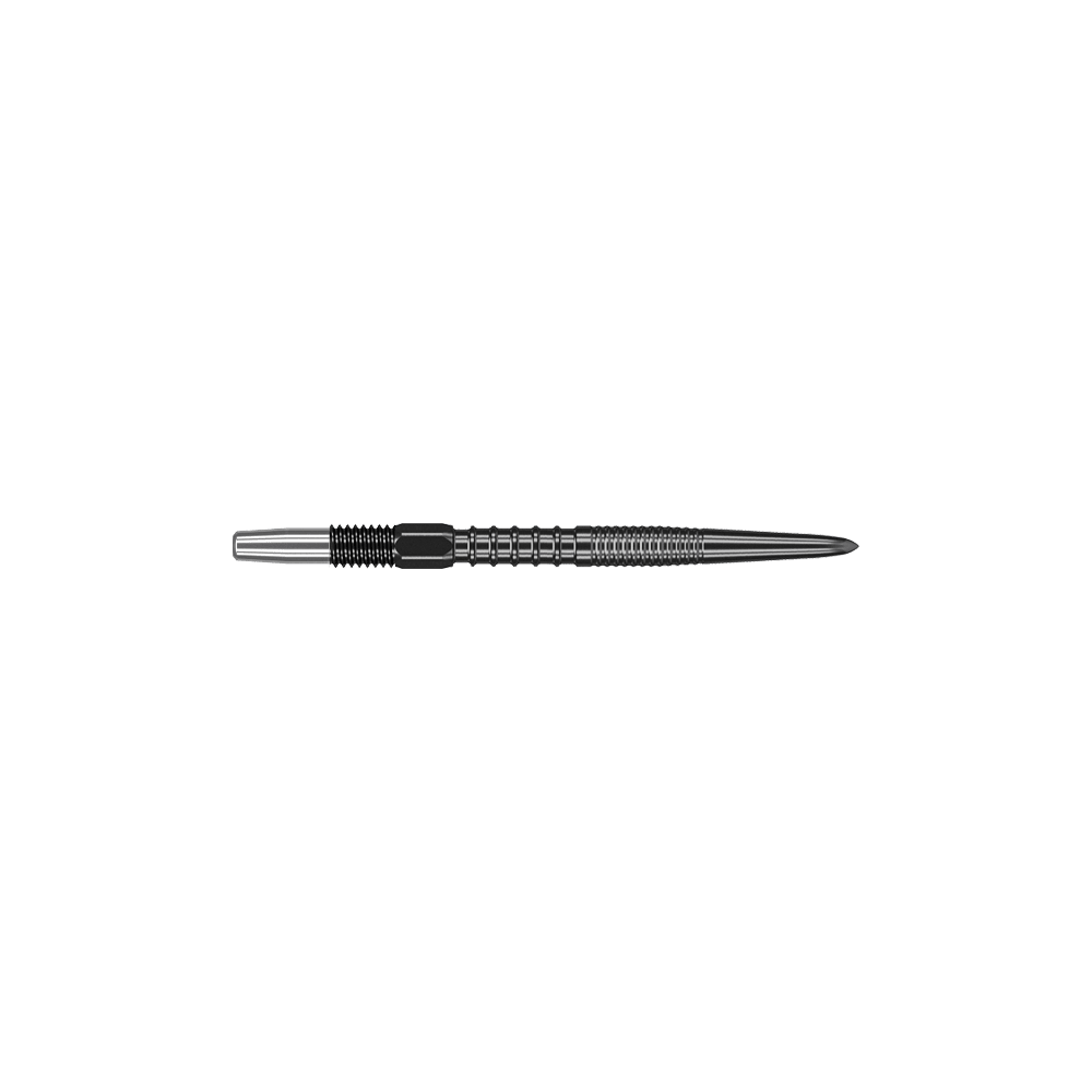 Target Swiss Firepoint Zwarte dartpunten Das Bild zeigt eine schwarze Dartspitze mit geriffeltem Griff. Sie ist schlank und weist eine Länge von etwa 26 mm auf.