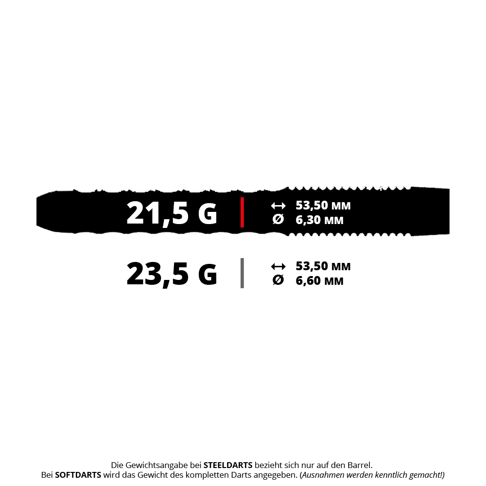 Caliburn Sword S1 stalen pijlen Das Bild zeigt zwei Gewichtsklassen für Steeldarts: 21,5 g mit 53,50 mm Länge und 6,30 mm Durchmesser sowie 23,5 g mit 53,50 mm Länge und 6,60 mm Durchmesser. Unten steht ein Hinweis, dass sich die Gewichtsangabe bei Steeldarts nur auf das Barrel bezieht.