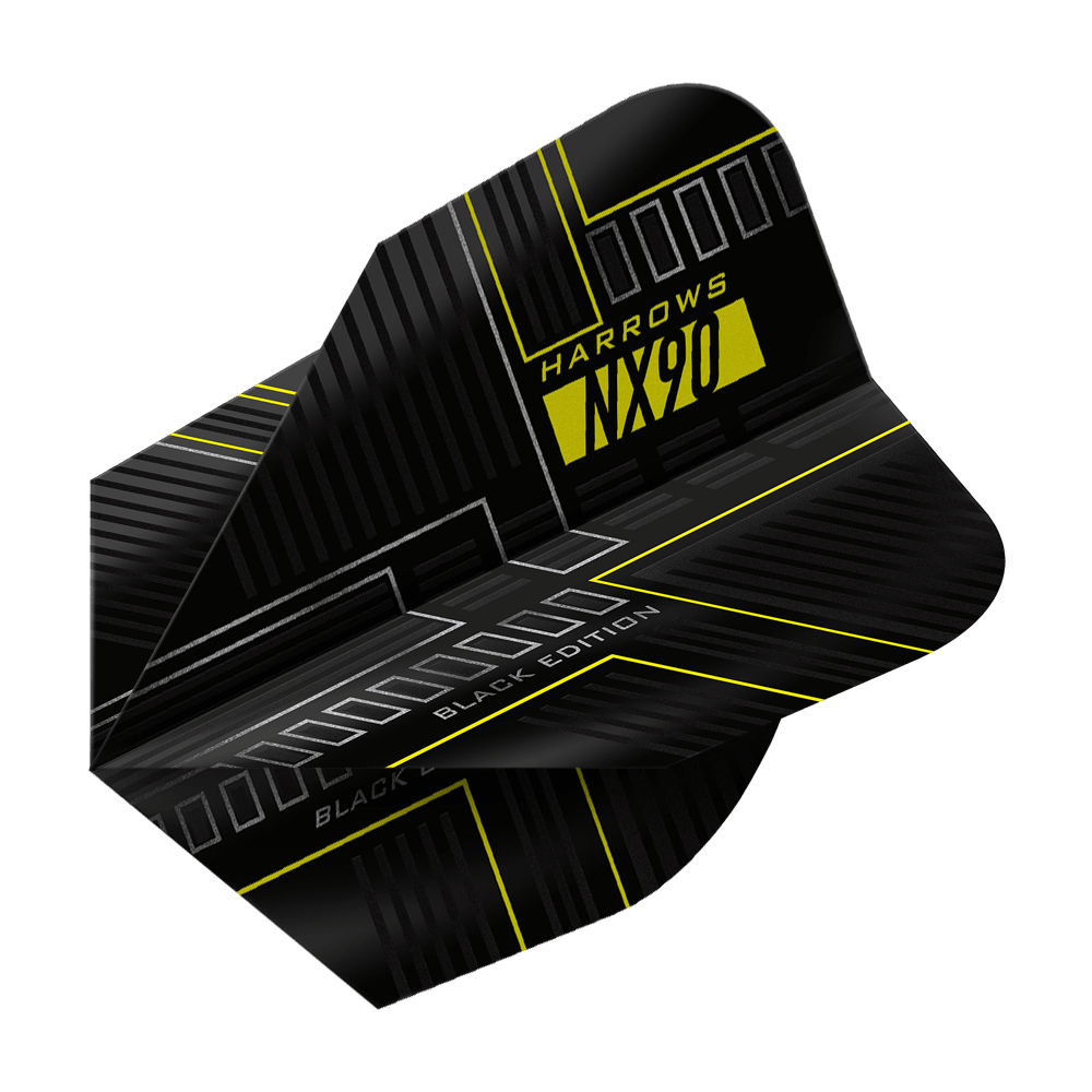 Harrows NX90 Black Edition No6 Vluchten Das Bild zeigt das Produkt "Harrows NX90 Black-Edition No6 Flights". Das Flight ist überwiegend schwarz mit gelben und grauen Akzenten und moderner Grafik.