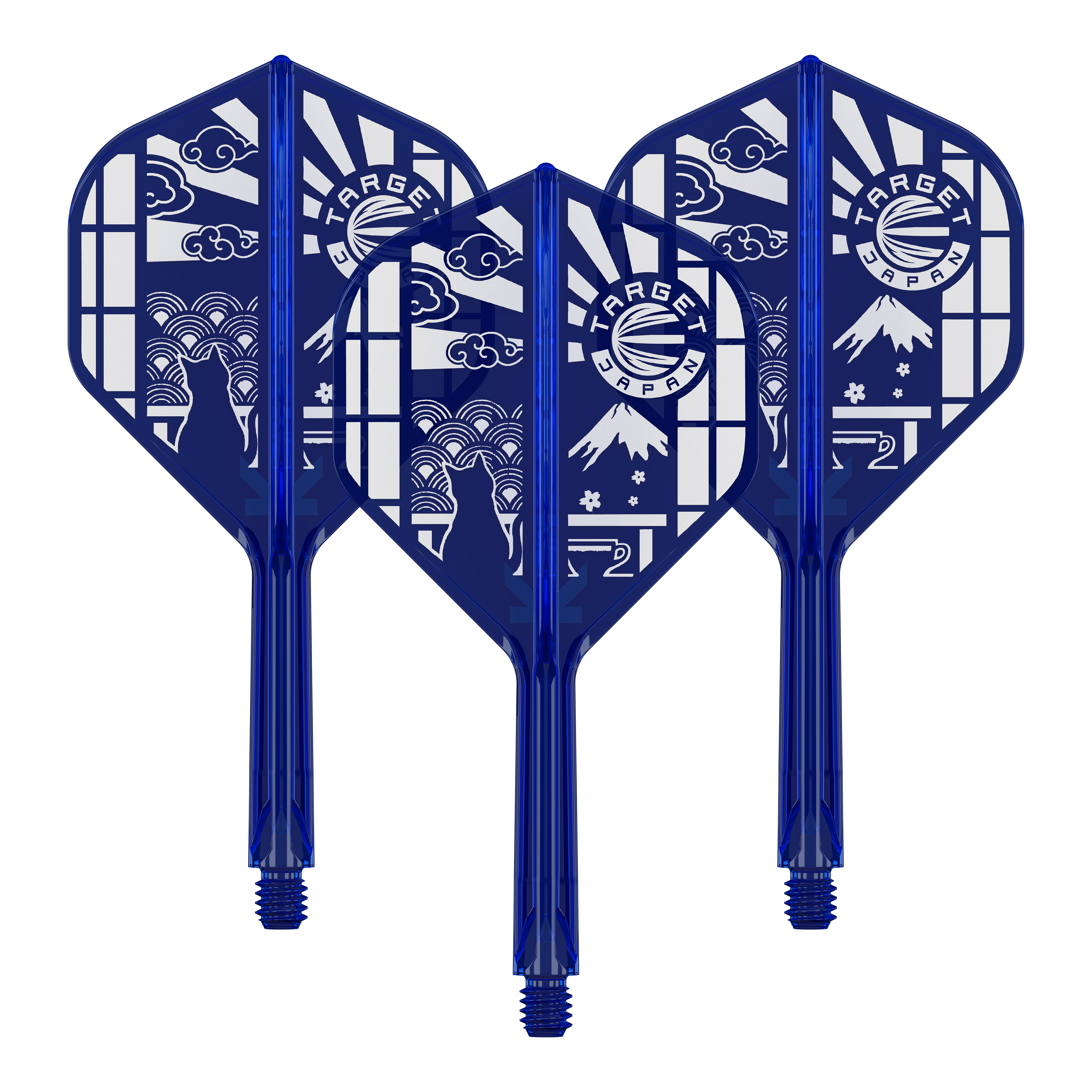 Target Japan K-Flex Blue Limited No2 Standaardvluchten Das Bild zeigt ein Set vom Target Japan K-Flex Blue Limited No2 Flights 26mm. Es handelt sich um blaue Dartflights in einem Set.