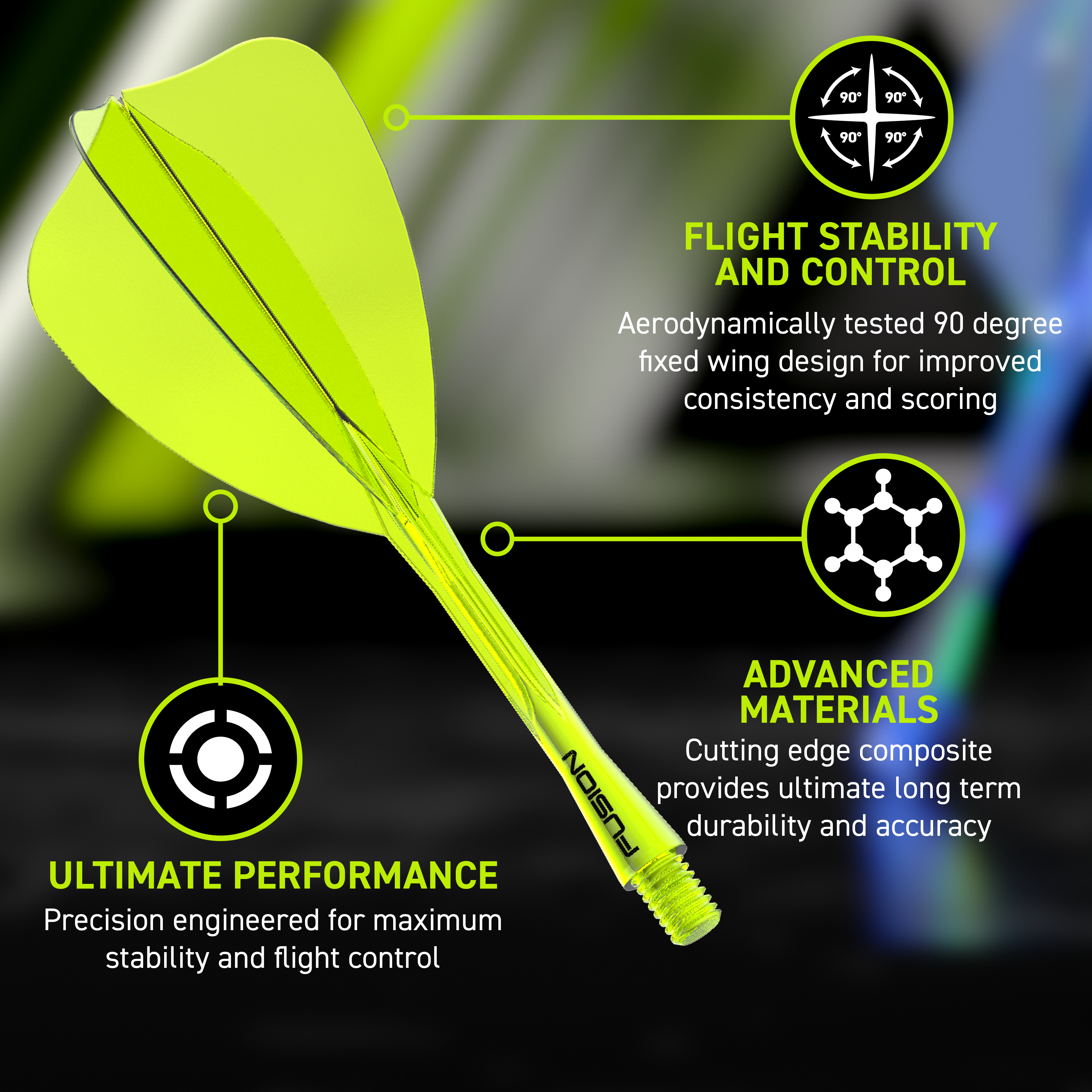 Das Bild zeigt das Winmau Fusion Flight-Shaft-System Arrow Neon Yellow. Es handelt sich um einen neon-gelben Flight-Shaft für Darts.