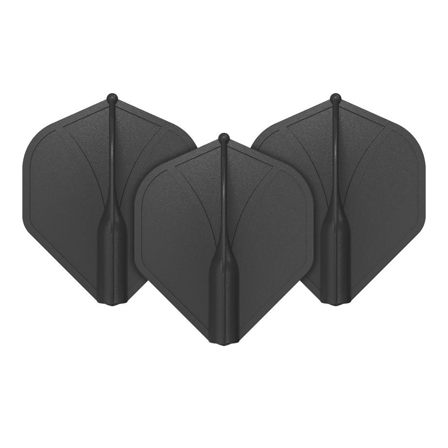 Shot Airfoil Molded No2 Standaard Vluchten Auf dem Bild sind drei schwarze Dart-Flights zu sehen. Sie stehen aufrecht nebeneinander und haben eine standardmäßige, geformte Flügelform.