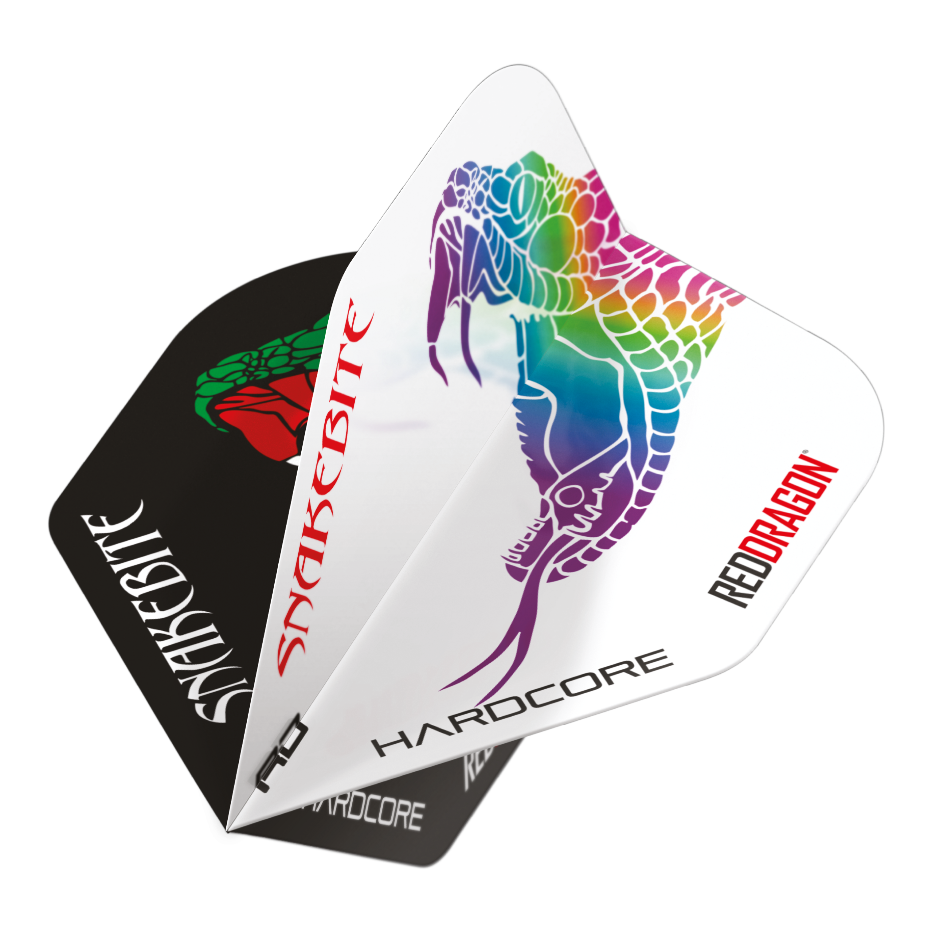 Red Dragon Peter Wright Slangenbeet Zwart Wit Yin Yang Standaardvluchten Das Bild zeigt die Red Dragon Peter Wright Snakebite Black White Yin Yang Standard Flights für Darts. Auf den Flights sind bunte Schlangenmotive und die Schriftzüge "Snakebite" und "Red Dragon" zu sehen.