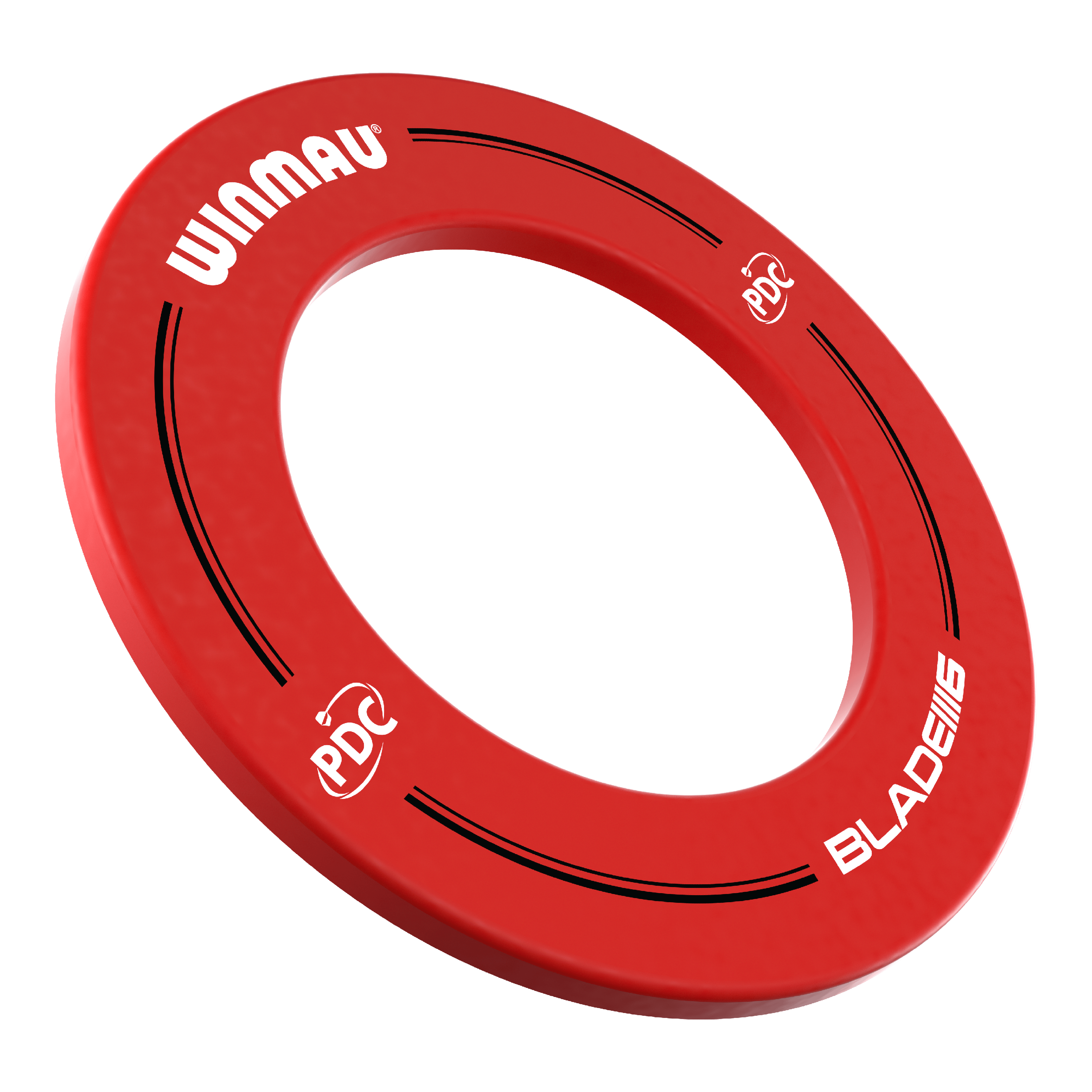 Winmau PDC Dartbord Surround - Rood Das Bild zeigt einen roten Dartboard-Surround der Marke Winmau mit der Aufschrift „PDC“ und „BLADE 6“. Er wird verwendet, um die Wand rund um ein Dartboard vor Beschädigungen zu schützen.