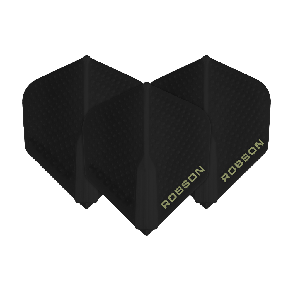 Robson Plus Dimple Flights - Zwart Das Bild zeigt drei schwarze Robson Plus Dimple Flights für Dartpfeile. Auf den Flights steht der Schriftzug "ROBSON" in heller Farbe.