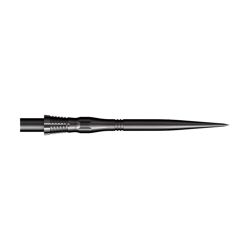 Shot Cone Scallop Steel Dart Tips - Zwart - 35mm Das Bild zeigt eine schwarze Steeldart-Spitze mit dem Namen "Shot Cone Scallop". Die Spitze ist 35 mm lang und hat eine schlanke, gezackte Form.