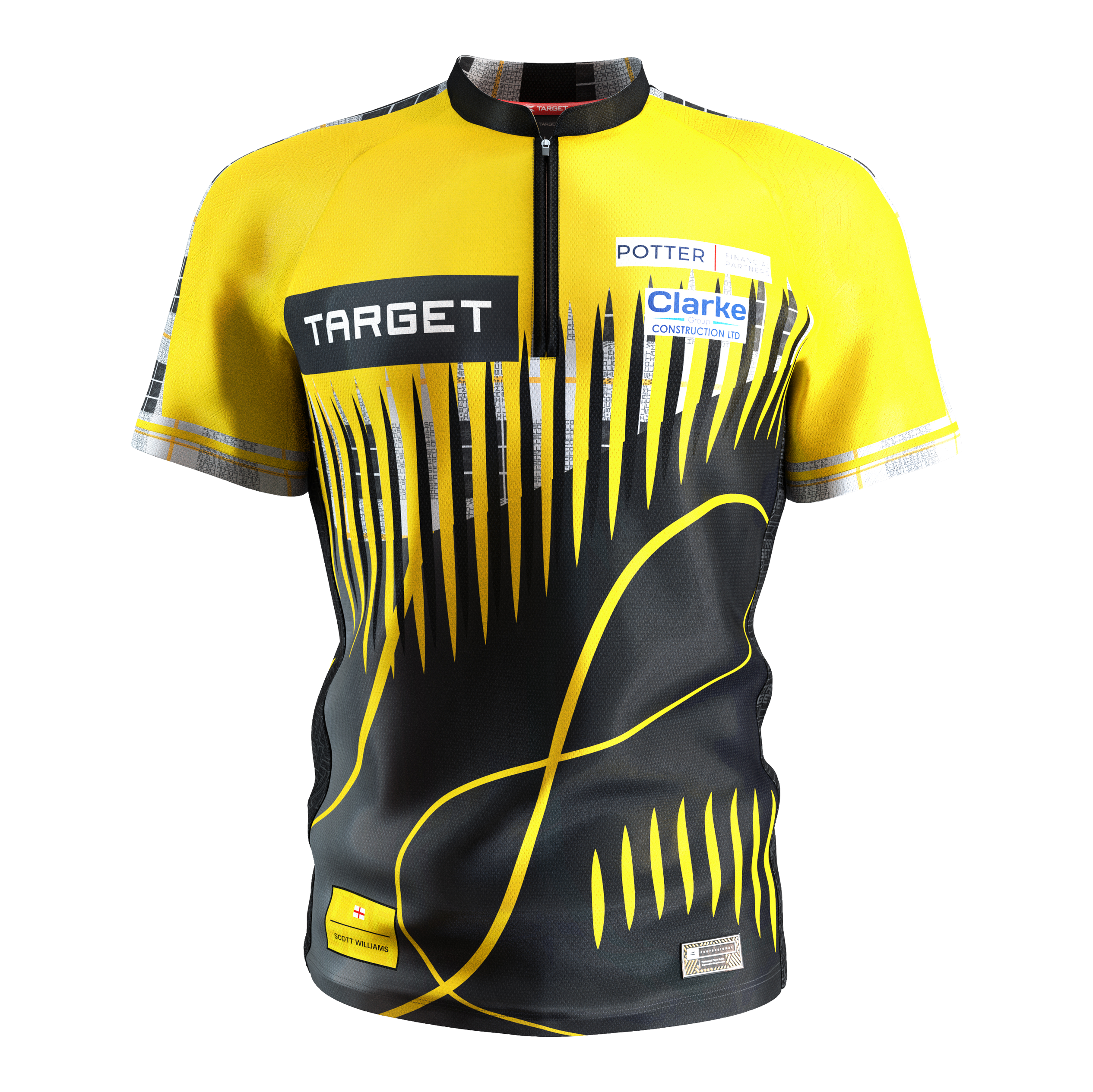 Target Coolplay Scott Williams 2025 dartshirt Das Bild zeigt ein Dartshirt in den Farben Gelb und Schwarz mit auffälligem modernem Muster. Auf dem Shirt sind mehrere Sponsorenlogos, darunter "TARGET", zu sehen.