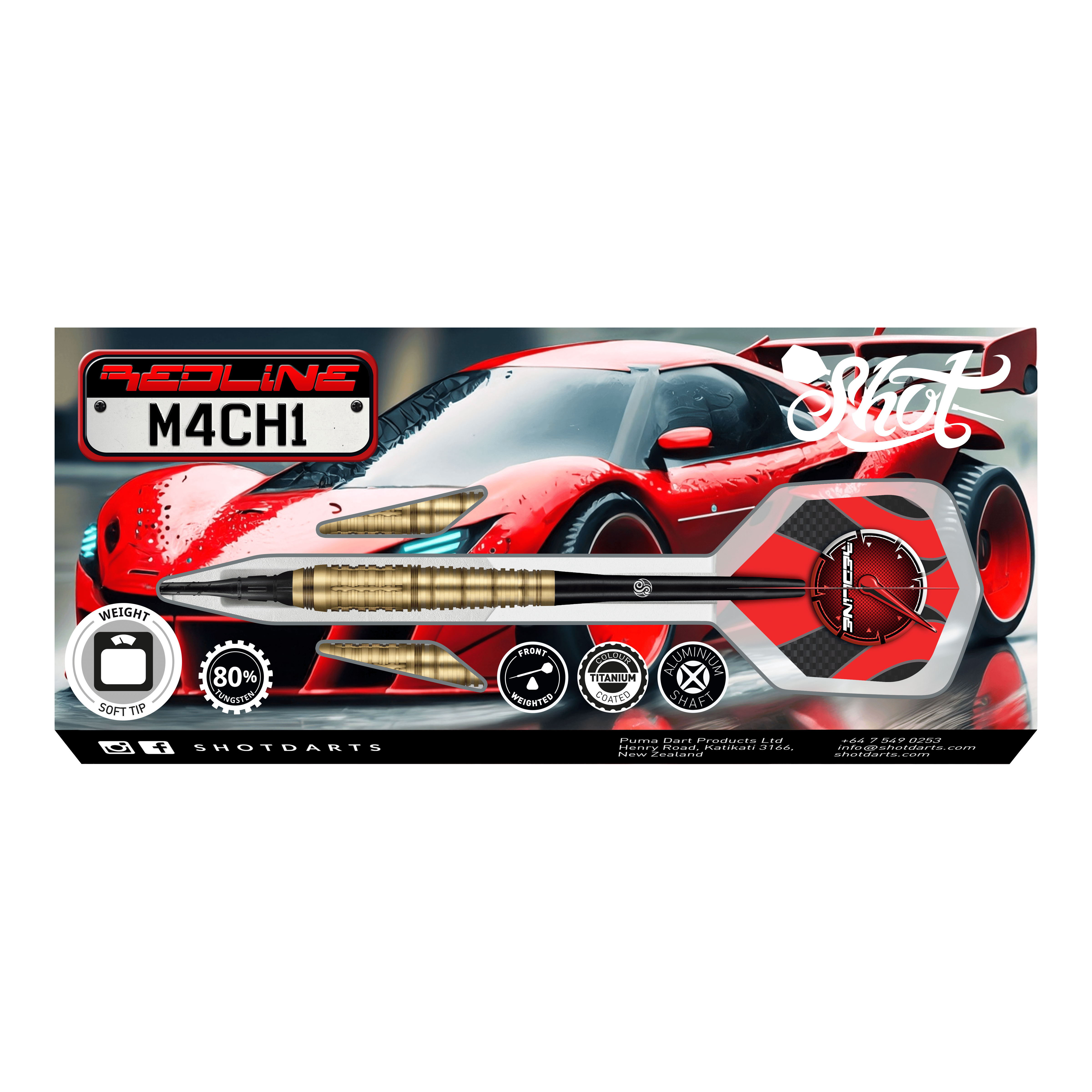Shot Redline Mach 1 zachte dartpijlen - 20g Das Bild zeigt die Verpackung der "Shot Redline Mach 1 Softdarts - 20g". Auf der Packung ist ein roter Sportwagen zusammen mit einem abgebildeten Softdart-Pfeil zu sehen.
