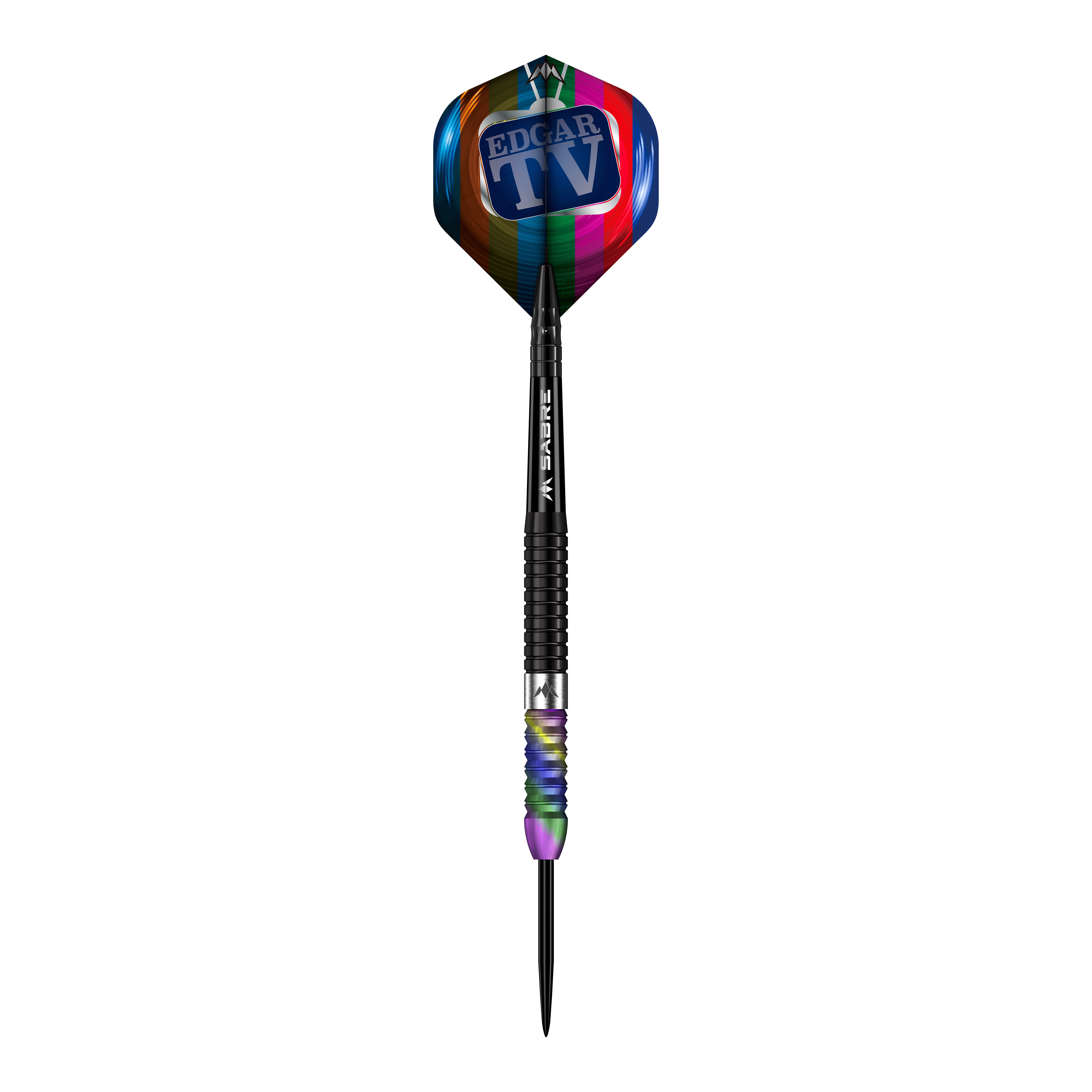 Missie Matt Edgar Steeldarts Das Bild zeigt einen Steeldart mit dem Namen "Mission Matt Edgar Steeldarts". Der Dart hat einen bunten Flight mit der Aufschrift "EDGAR TV" und ein schwarz-geriffeltes Barrel.