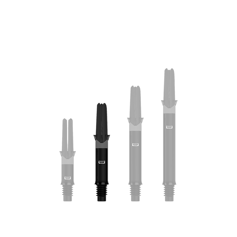 L-L-Style-Shafts Silent Straight - Zwart Auf dem Bild sind drei schwarze, gerade Dartshafts ohne Kappen in unterschiedlicher Länge zu sehen. Sie stehen nebeneinander aufgereiht vor transparentem Hintergrund.