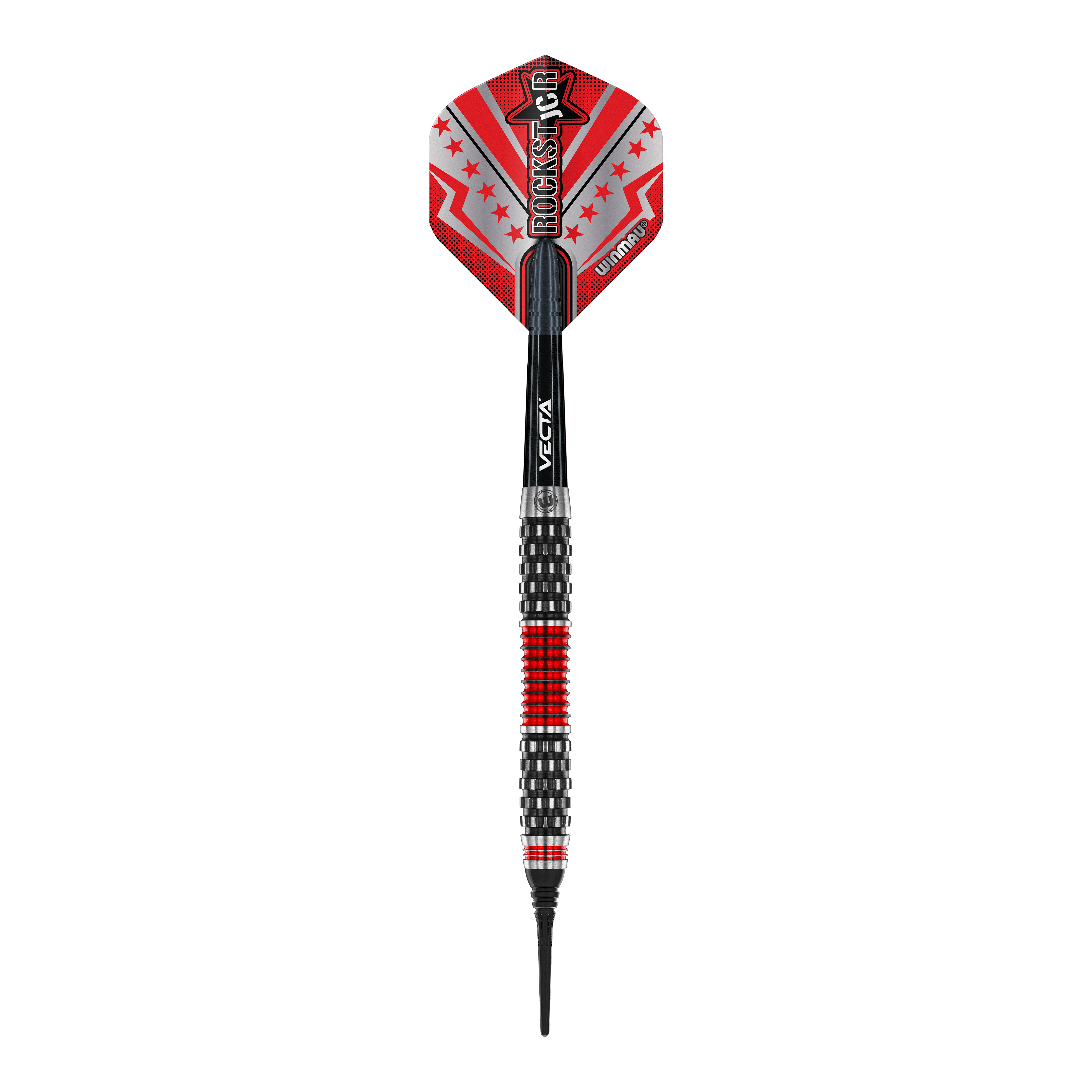 Winmau Joe Cullen Rockstar Series RS1 Zachte Darts - 20g Dieses Bild zeigt einen Winmau Joe Cullen Rockstar Series RS1 Softdart mit einem Gewicht von 20g. Der Dart ist schwarz und rot gestaltet und hat einen auffälligen Flights mit dem Aufdruck "Rockstar".