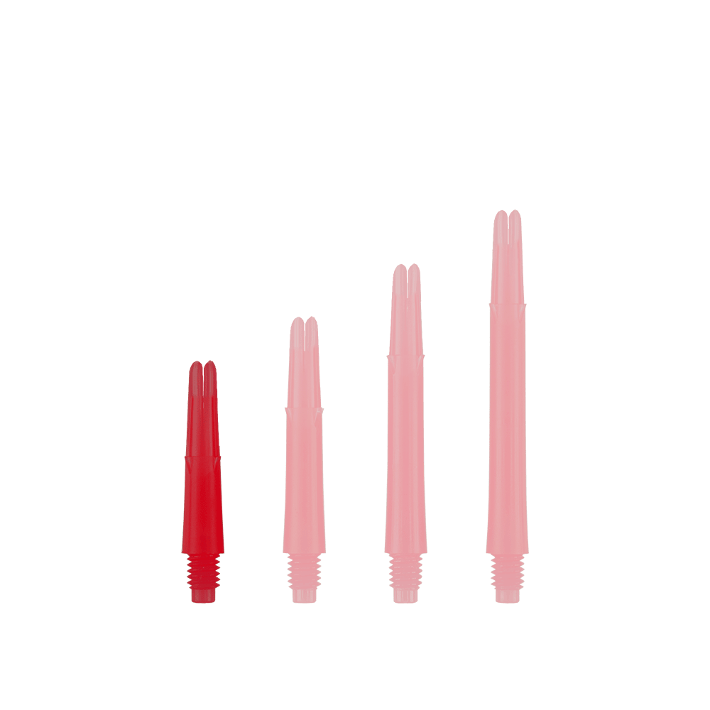 L-L-Style-Shafts Locked Straight - Rood Das Bild zeigt vier rote, gerade Dartschäfte in unterschiedlicher Länge. Sie stehen aufrecht nebeneinander und haben ein Schraubgewinde am unteren Ende.