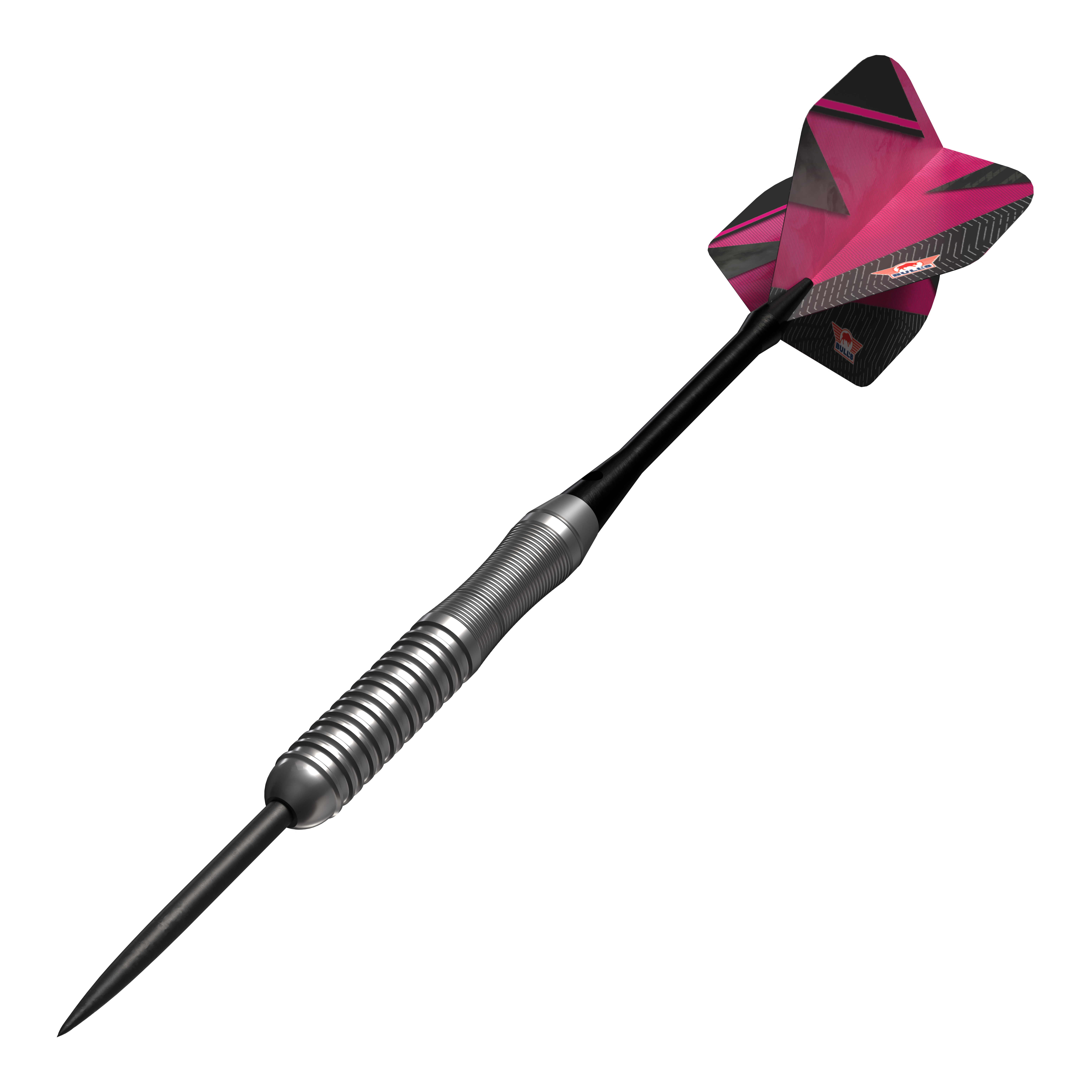 Bulls NL Lightning Pink steel darts Das Bild zeigt einen Steeldartpfeil mit silbernem Griff und einer pink-schwarzen Flights. Es handelt sich um das Produkt "Bulls NL Lightning Pink Steeldarts".