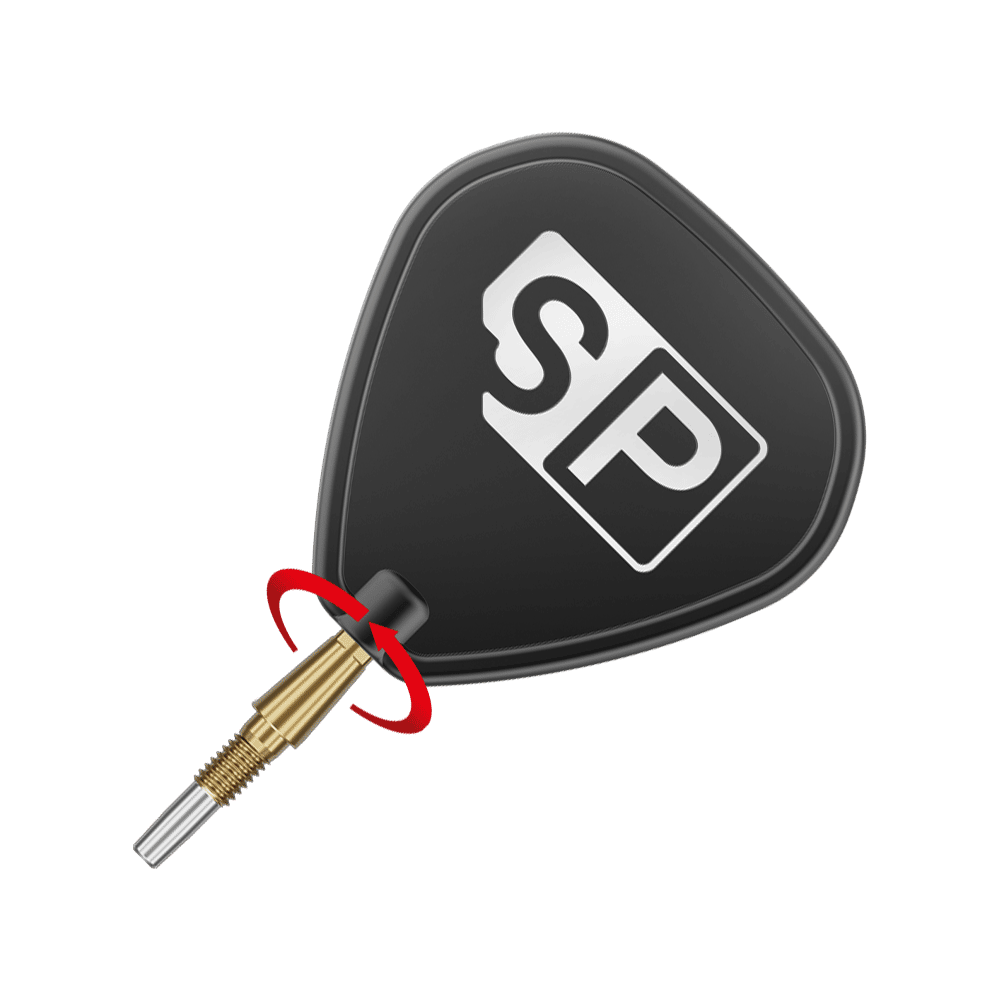 Auf dem Bild ist eine goldene Dartspitze mit einem schwarzen Flight zu sehen, auf dem die Buchstaben "SP" abgebildet sind. Um die Spitze ist ein roter Pfeil, der eine Drehbewegung anzeigt.