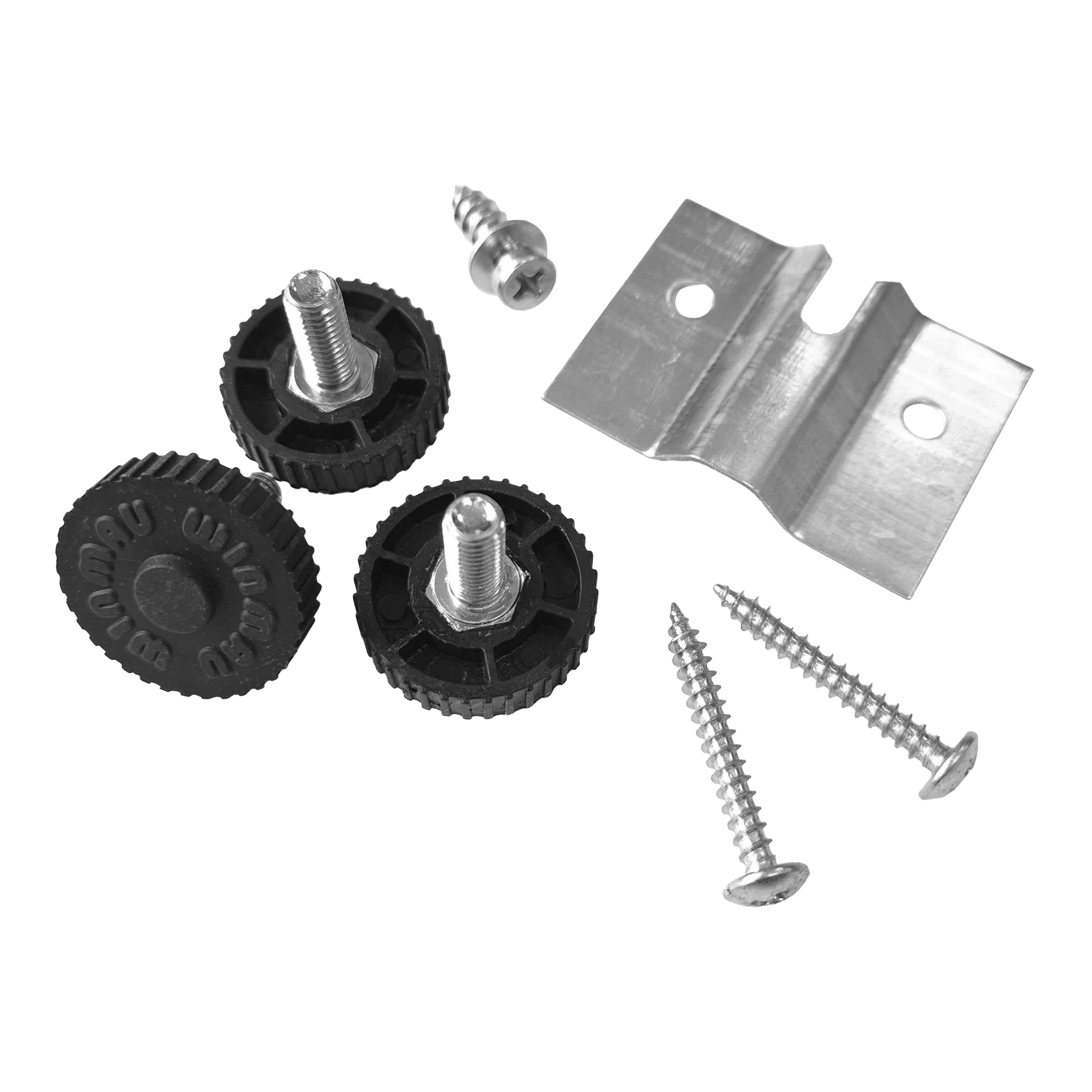 Winmau Rota-Lock Blade 6 wandmontage Das Bild zeigt den Winmau Rota-Lock Blade 6 Wandhalterungssatz mit Schrauben, Metallhalterung und schwarzen Befestigungsrädern. Dieses Set wird zur sicheren Wandbefestigung eines Dartboards verwendet.