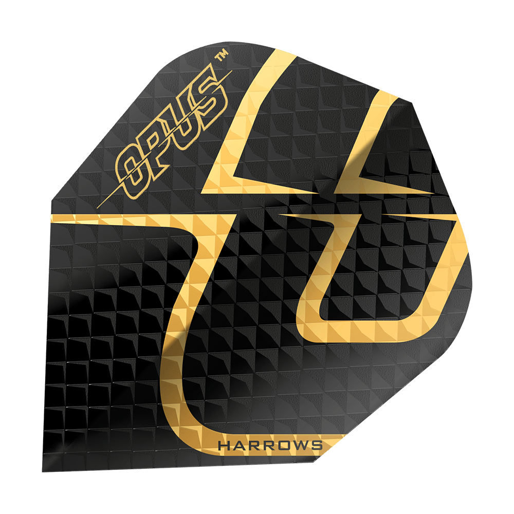 Harrow's Opus Versie 2 Vluchten Das Bild zeigt das Produkt "Harrows Opus Version 2 Flights". Die Darts-Flight ist schwarz mit einem goldenen Muster und dem Schriftzug "OPUS" und "HARROWS".