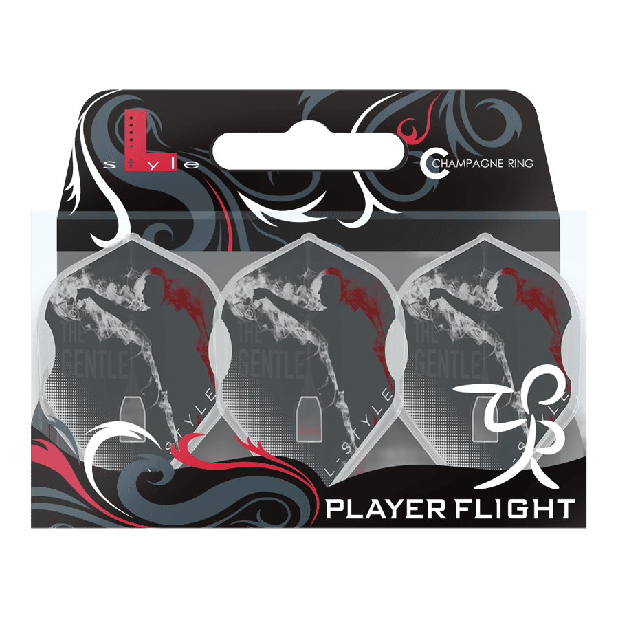 L-stijl schaallengte Suljovic V1 TypeA L1PRO Vluchten Das Bild zeigt eine Verpackung mit drei L-Style Mensur Suljovic V1 TypeA L1PRO Flights für Dartpfeile. Auf den Flights ist eine stilisierte Figur mit roter Kontur und der Schriftzug "The Gentle" zu sehen.