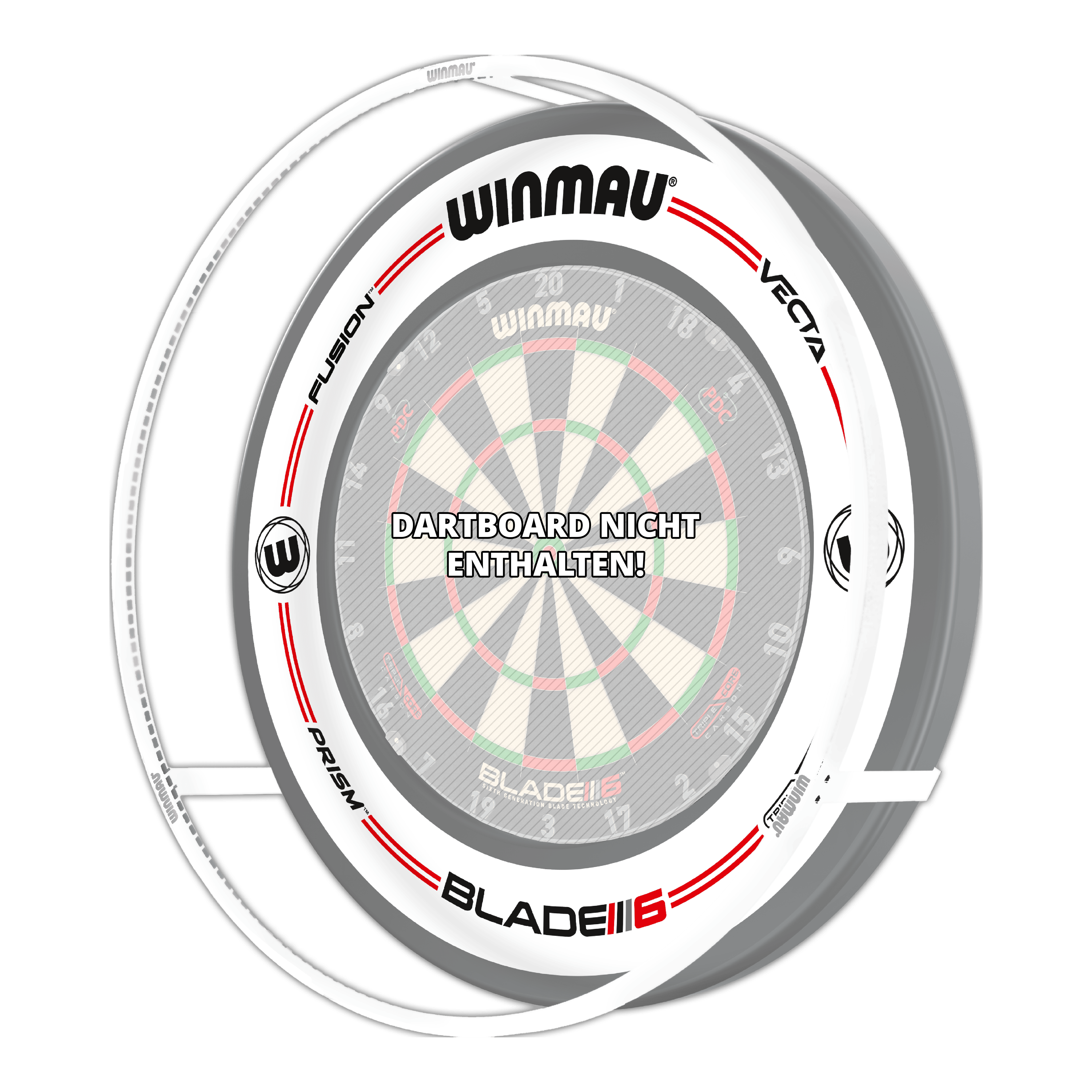 Das Bild zeigt das Winmau Plasma Ice LED Beleuchtung und Surround Bundle für Dartboards. In der Mitte steht: "Dartboard nicht enthalten!"