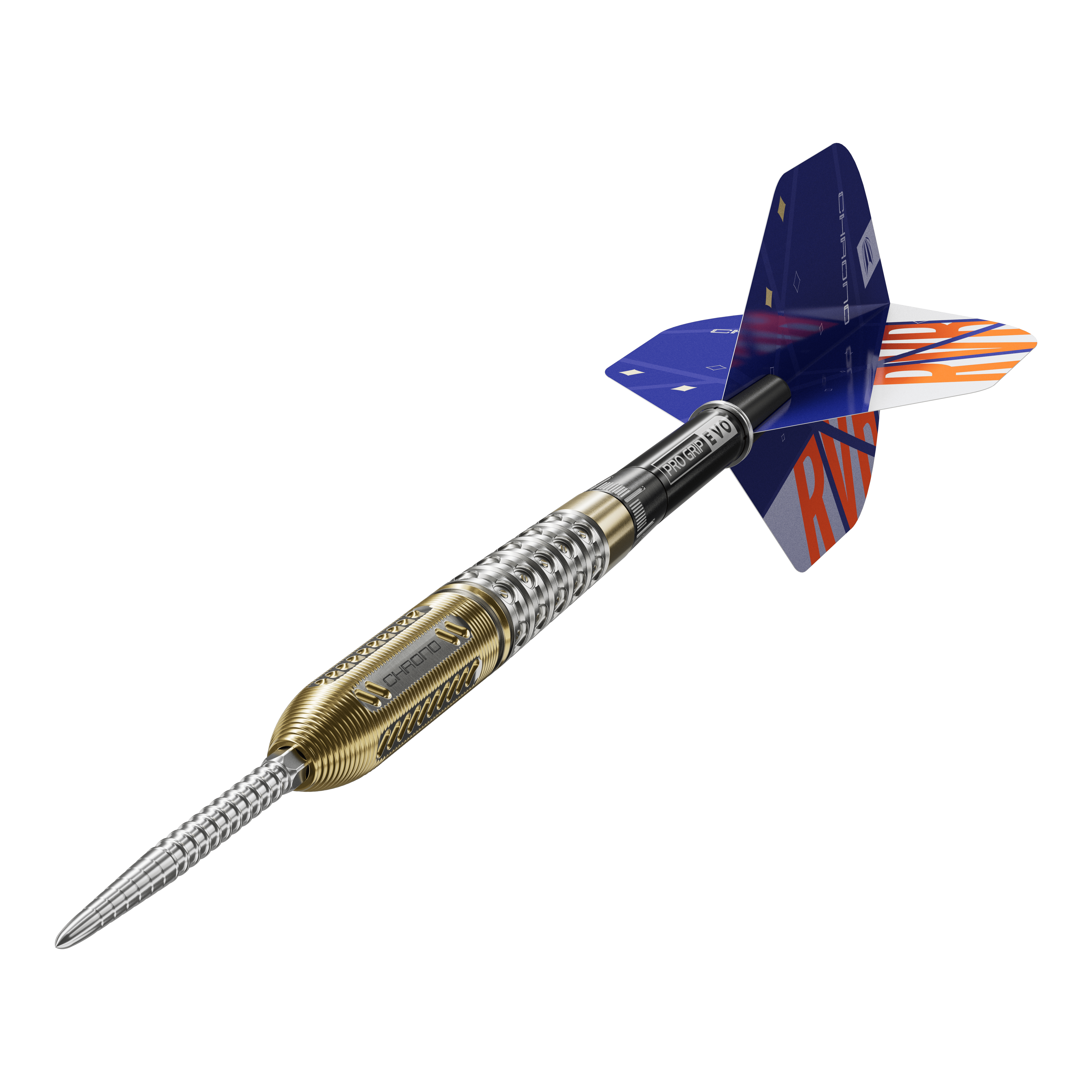 Target Raymond Van Barneveld Chrono 95 Swiss Point Steel Darts Auf dem Bild ist ein Steeldart der Marke Target zu sehen, Modell "Raymond Van Barneveld Chrono 95 Swiss Point". Der Dartpfeil hat ein metallisch silber-goldenes Barrel und bunte Flights mit der Aufschrift "RVB".