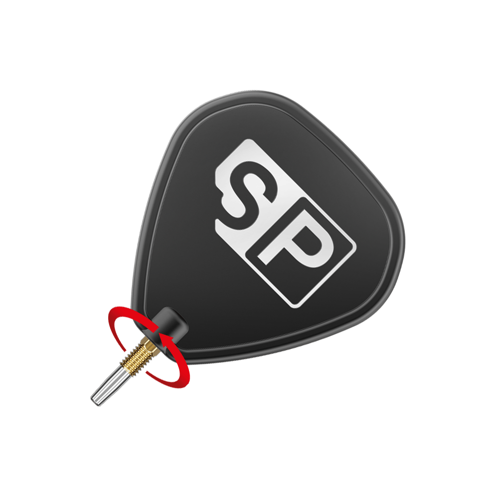 Target Swiss Point RVE darttips - Goud Das Bild zeigt eine Dartspitze mit einem schwarzen Flight, auf dem "SP" steht. Ein roter Pfeil deutet auf eine Drehbewegung an der goldenen Spitze hin.