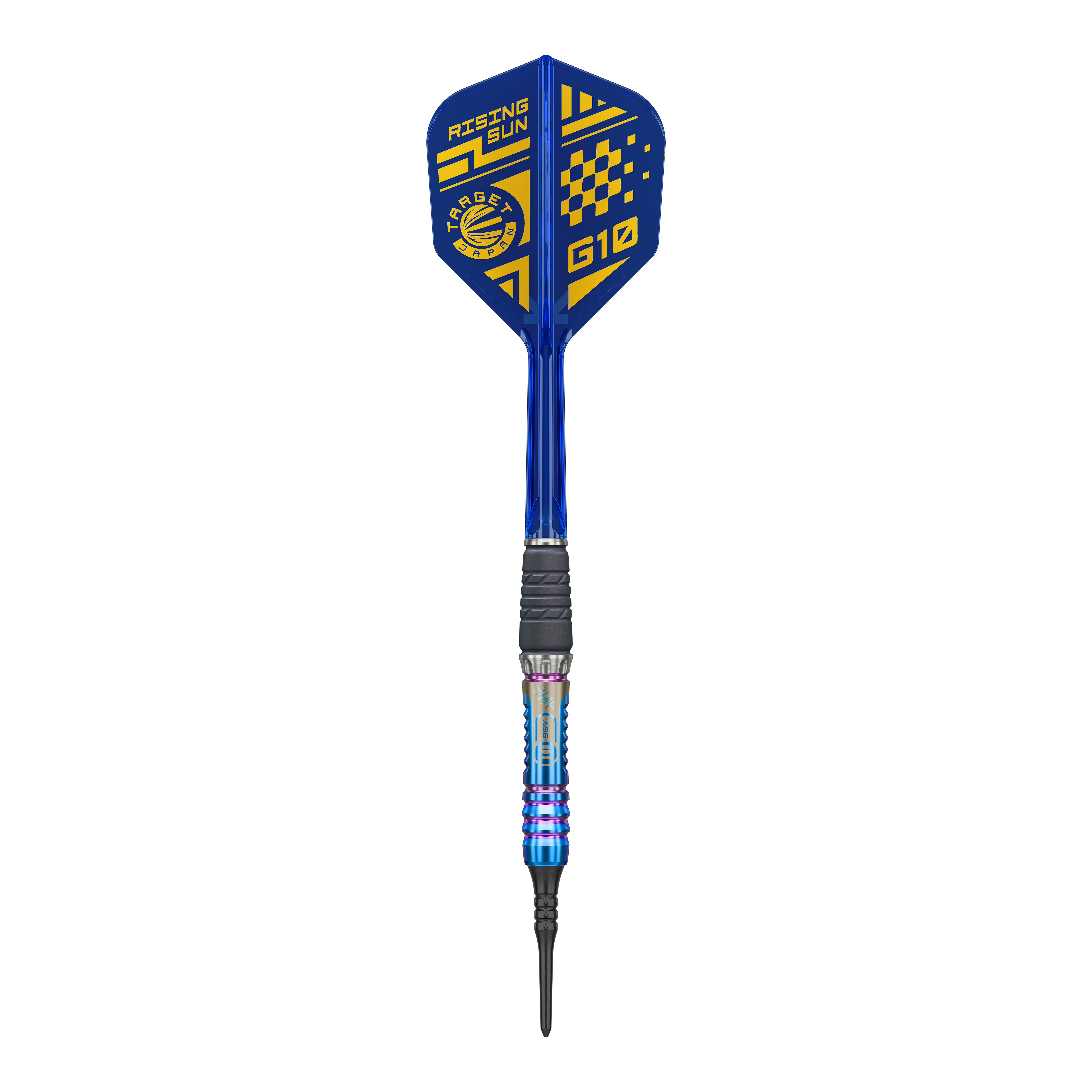 Target Japan Rising Sun GEN10 zachte darts - 21,5 g Dieses Bild zeigt den Target Japan Rising Sun GEN10 Softdarts mit 21,5g. Der Dart besticht durch seine auffällige Gestaltung und hervorragende Verarbeitung.