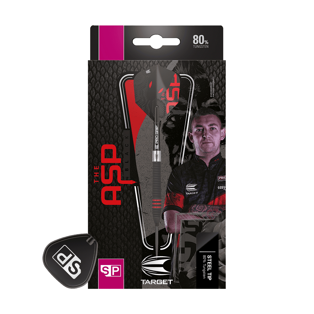 190216_Target_Nathan_Aspinall_Black_Swiss_Point_Steeldarts_3 Auf dem Bild ist eine Verpackung für Steeldarts der Marke Target zu sehen. Auf der Verpackung steht „The ASP Black“ und zeigt einen Dartspieler sowie einen einzelnen Dartpfeil.