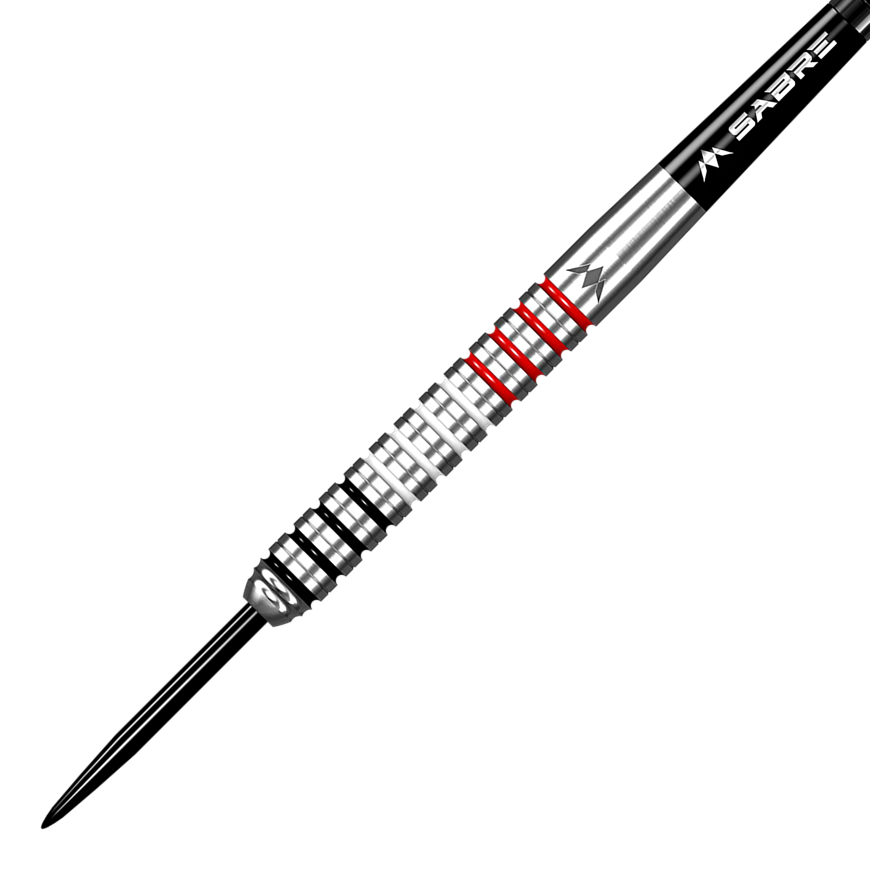 Mission Wessel Nijman stalen dartpijlen - 23g Das Bild zeigt einen Mission Wessel Nijman Steeldart mit einem Gewicht von 23 Gramm. Der Dart hat ein silbernes Barrel mit schwarzen und roten Ringen.